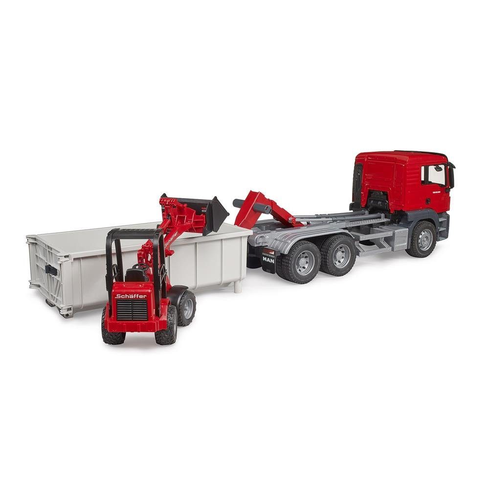 Bruder® Spielzeug-Baumaschine 03767 MAN TGS LKW, (Set, 3-tlg., LKW mit Abrollcontainer + Schäffer Hoflader 2630), Baufahrzeug, rot