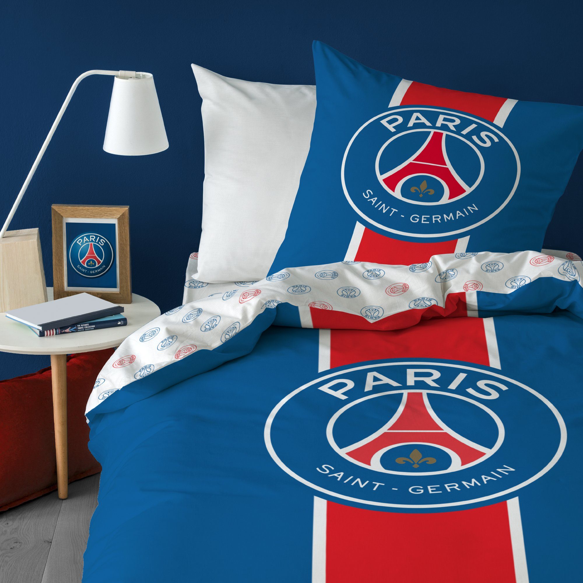 Bettwäsche Paris Saint Germain 135x200+80x80 cm, 100% Baumwolle, MTOnlinehandel, Renforcé, 2 teilig, offiziell lizenzierte Fußball FAN Bettwäsche PSG für Kinder Erwachsene
