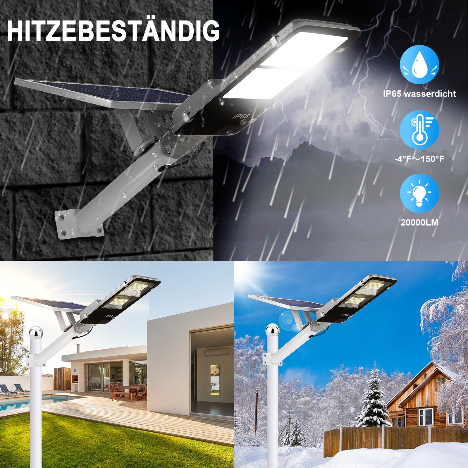 Rosnek LED Außen-Wandleuchte Solar, 6500K, wasserdicht, für Garagen Einfahrt Hof Parkplatz, Weiß (6500K), Fernbedienung, Montagearm