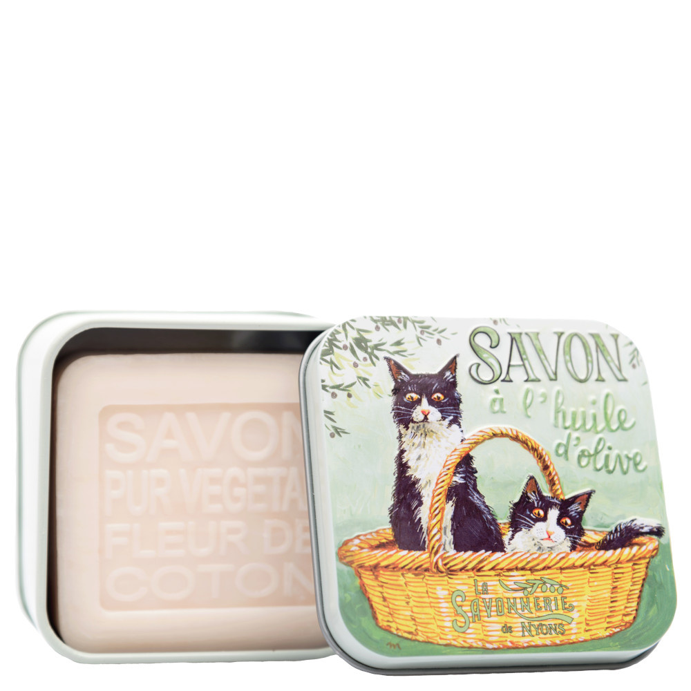 La savonnerie de nyons Savon 100g Fleur de Coton et Boîte Métal Chats Noir & Blanc Savon