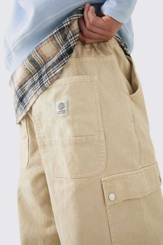 Ecru Cargo-Jeans mit elastischem Bund und extrem weitem Bein