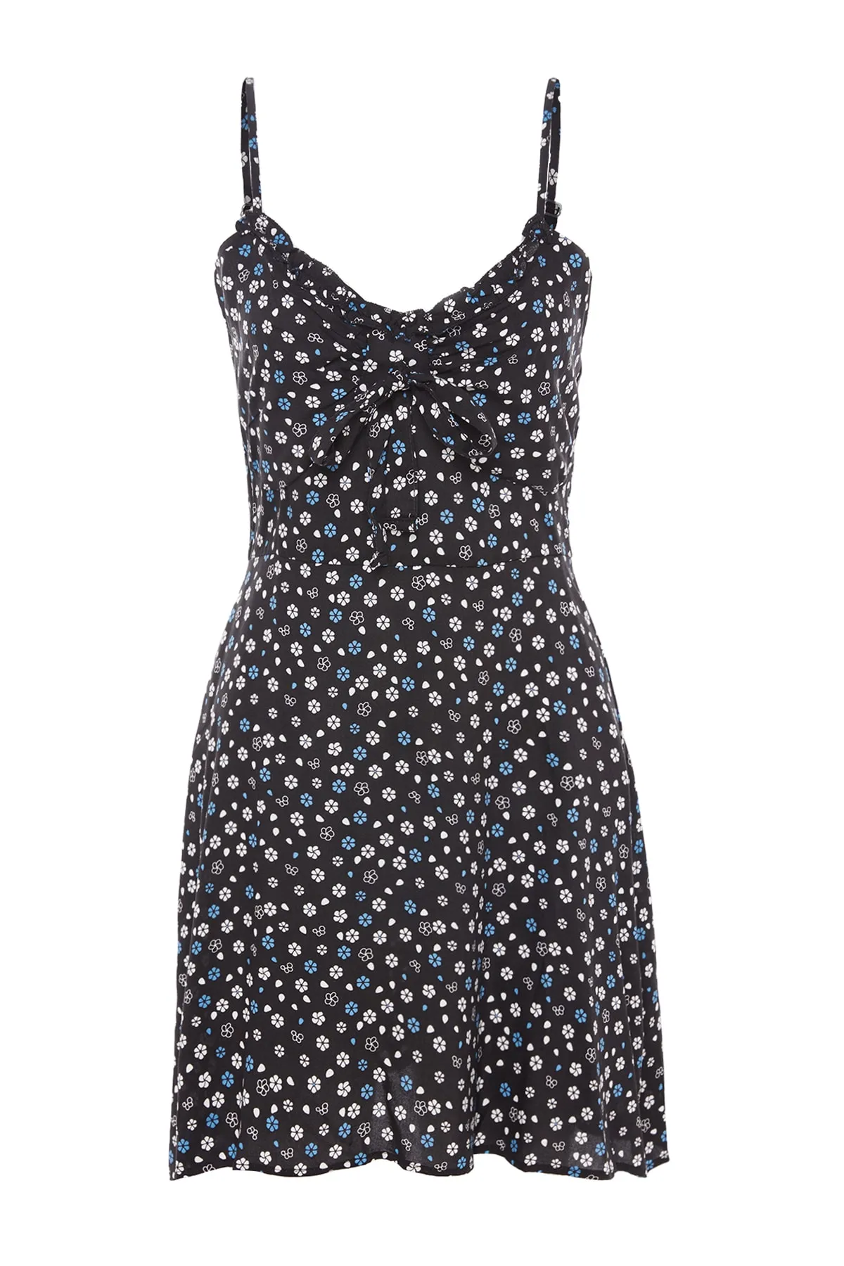 Trendyol Collection  Schwarzes A-Linien-Mini-Gewebekleid mit Krawattendetail und Blumenmuster TWOSS21EL3214