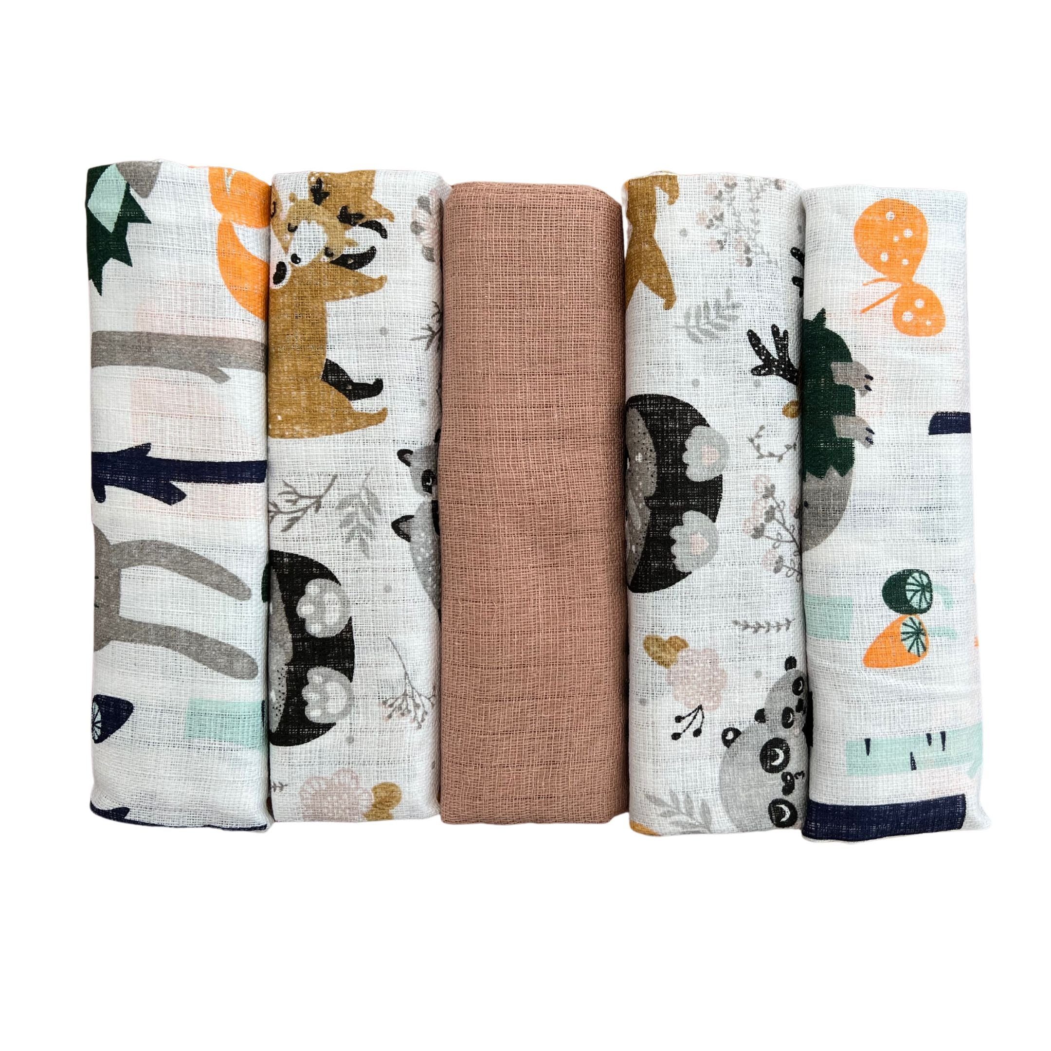 Babymajawelt Spucktuch Baby Mullwindeln Mulltücher, Schmusetücher, Geschenk zur Geburt, (Set, 5-tlg., Waldtiere 5er Pack, 70 x 80 cm), Atmungsaktiv, eignet sich als Halstuch, Made in EU
