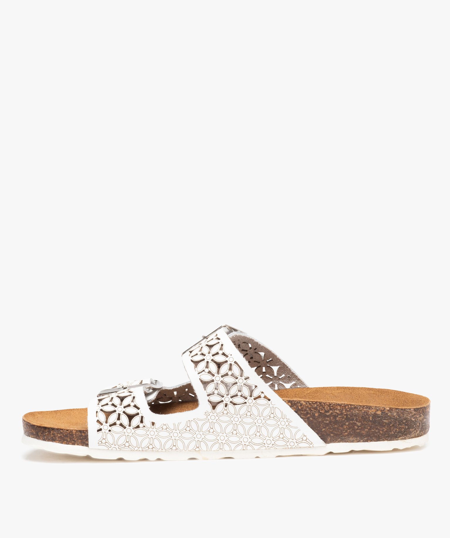 Mules femme à talon plat à double brides ajustables en cuir blanc | GEMO