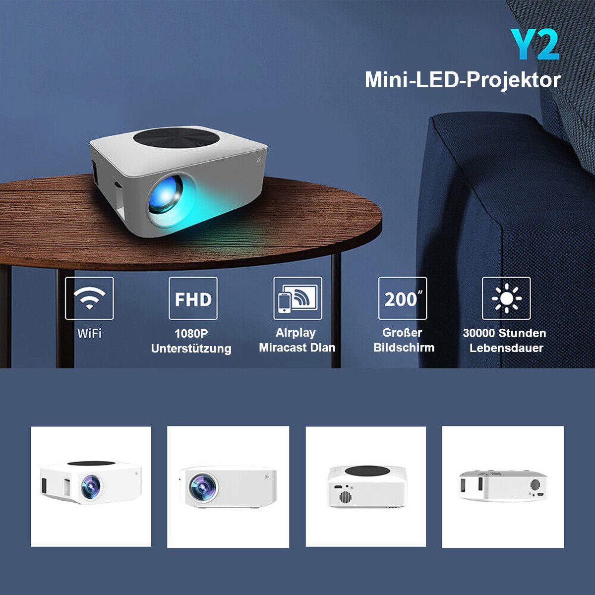 Yoyaxi 8000LM WLAN-Projektor, kabellos, Heimkino, Kino, Film, USB, HDMI, AV Portabler Projektor (Kabelloser 200-Zoll-Großbildschirm, 8000 LM hohe Helligkeit)