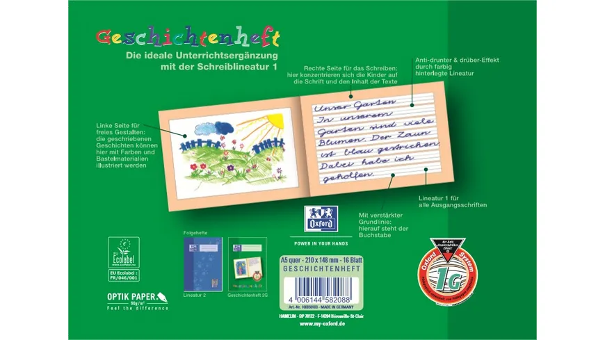 Oxford Schreiblernheft/Geschichtenheft A5 Lineatur 1G 16 Blatt