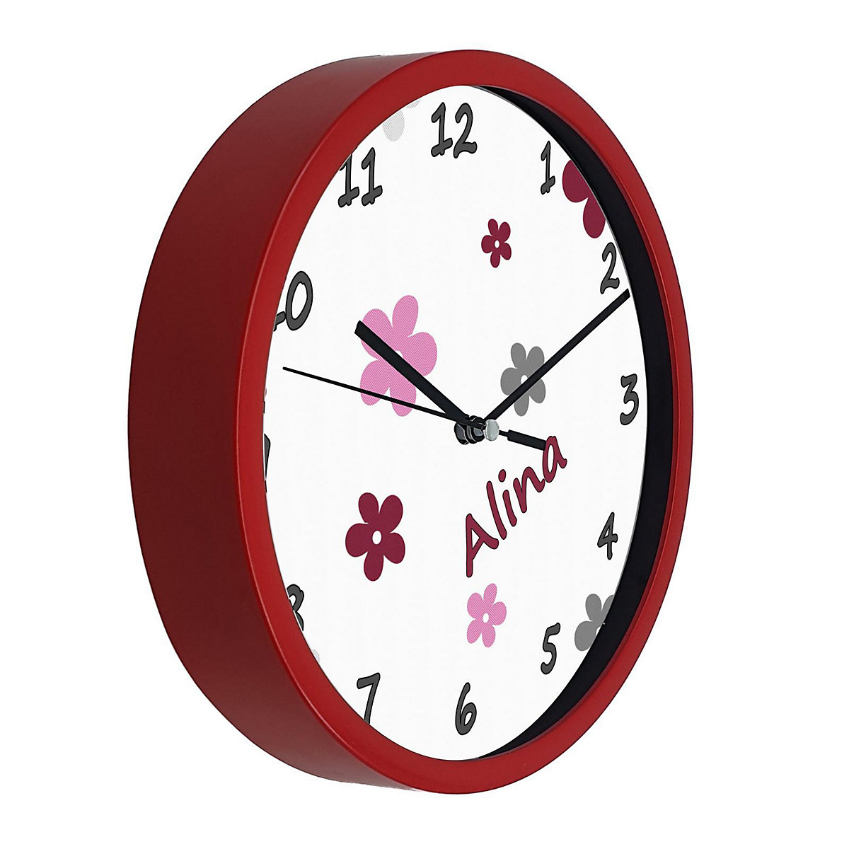 Kinder Wanduhr personalisiert mit Name Blumen Brombeere Grau