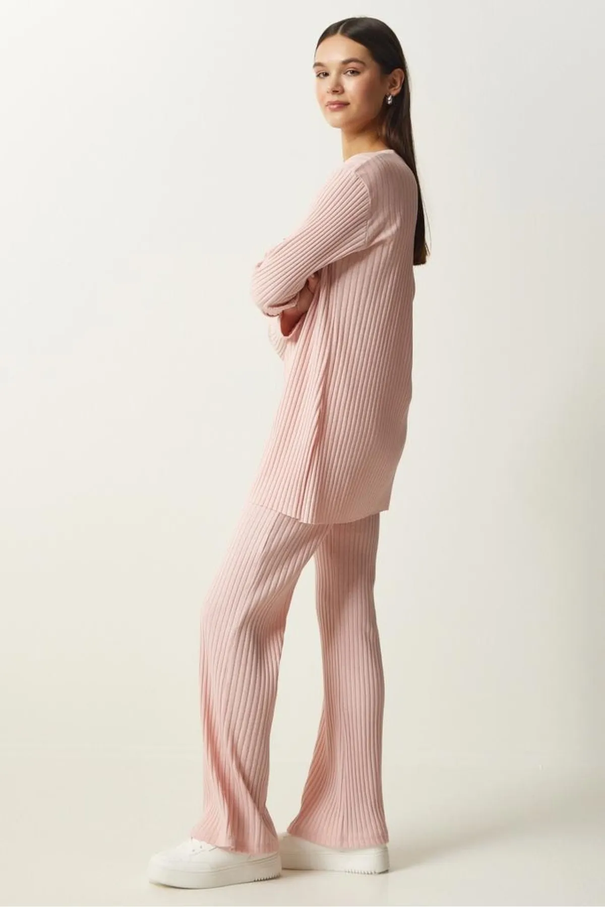 Know  Damen-Set aus schnurgebundener Strickbluse und Hose in Puderrosa