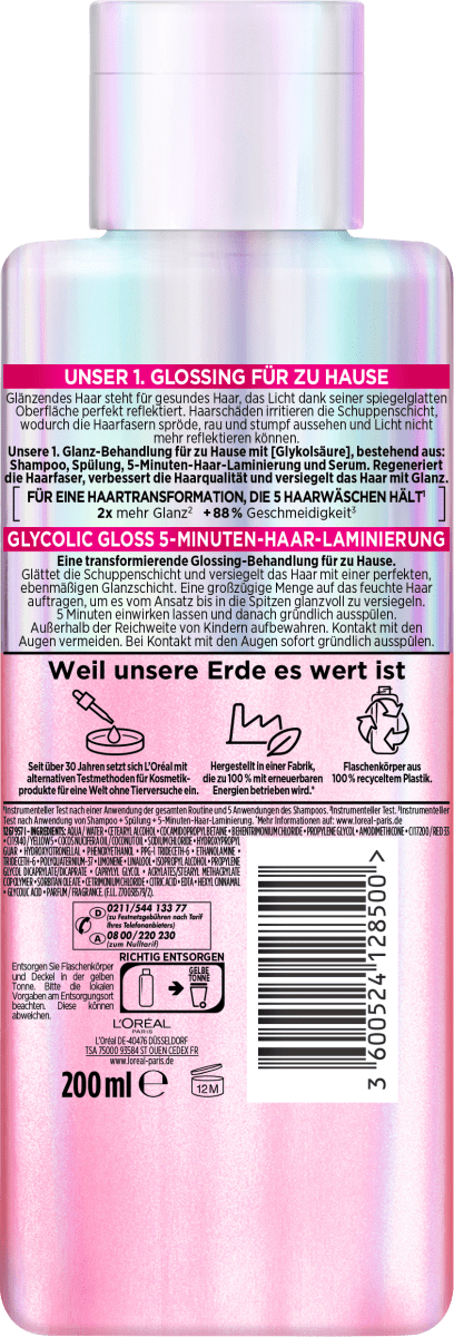Haarkur Glycolic Gloss, 5 Minuten Haar-Laminierung, 200 ml