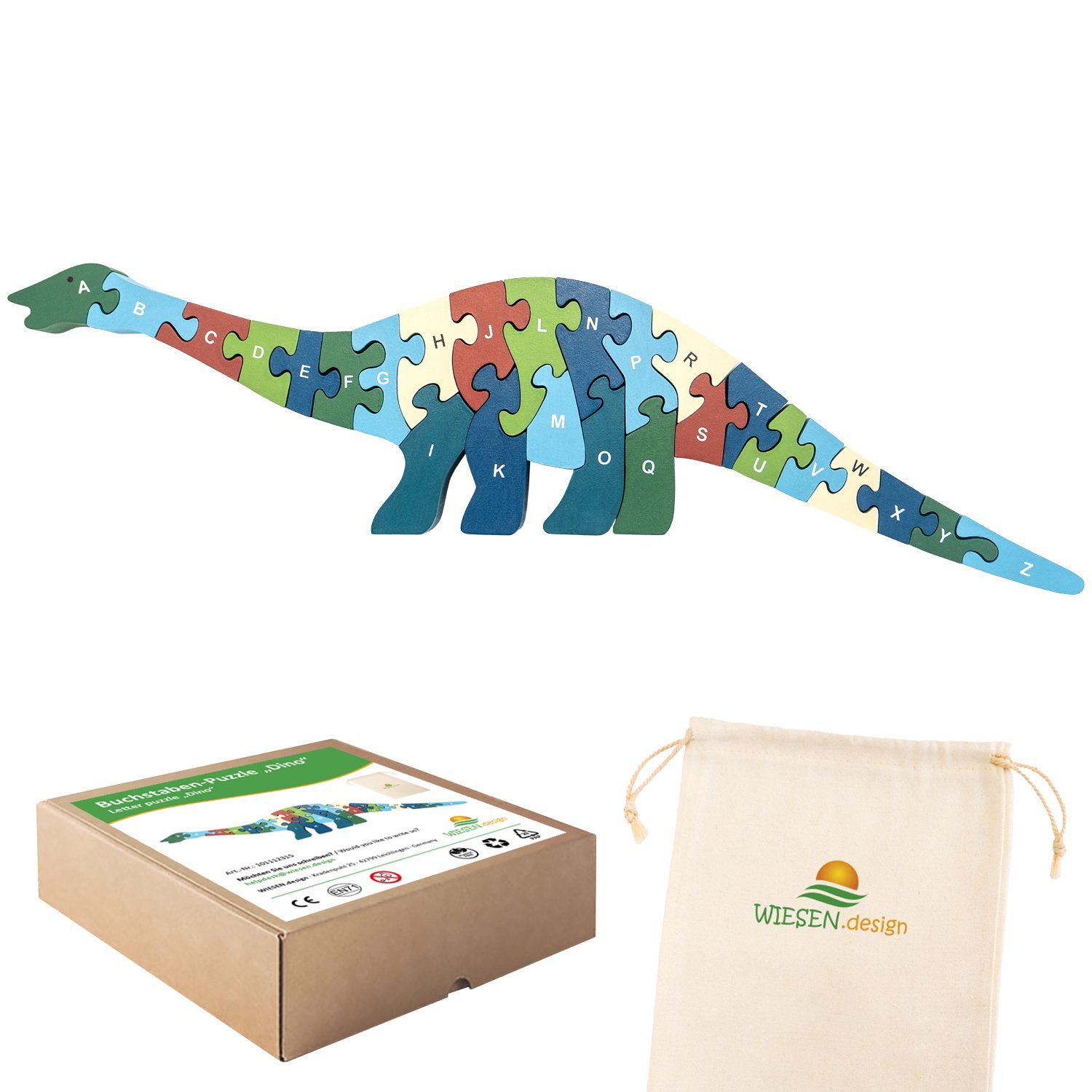 WIESEN.design Lernspielzeug Buchstabenpuzzle Dino, Montessori Spielzeug ab 3 Jahre, Holzpuzzle, DIN EN71 geprüft, Speichel- und schweißfest, gratis Versand