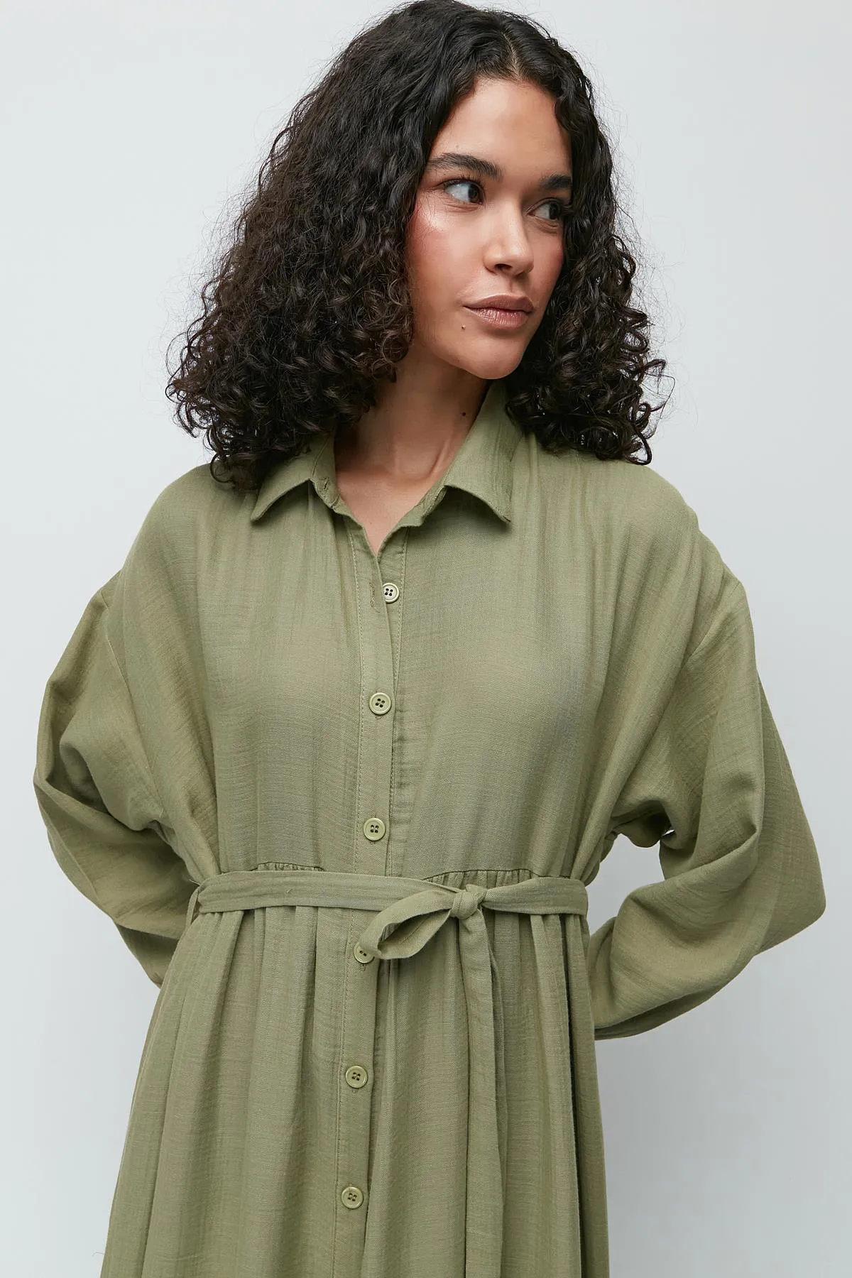 C&City  Langarmkleid aus Bio-Baumwollmusselin 9128 Khaki