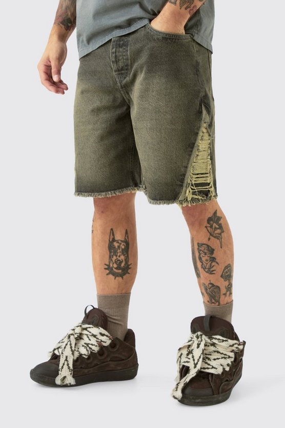 Lockere Jeansshorts mit extremen Rissen in Antik-Grau
