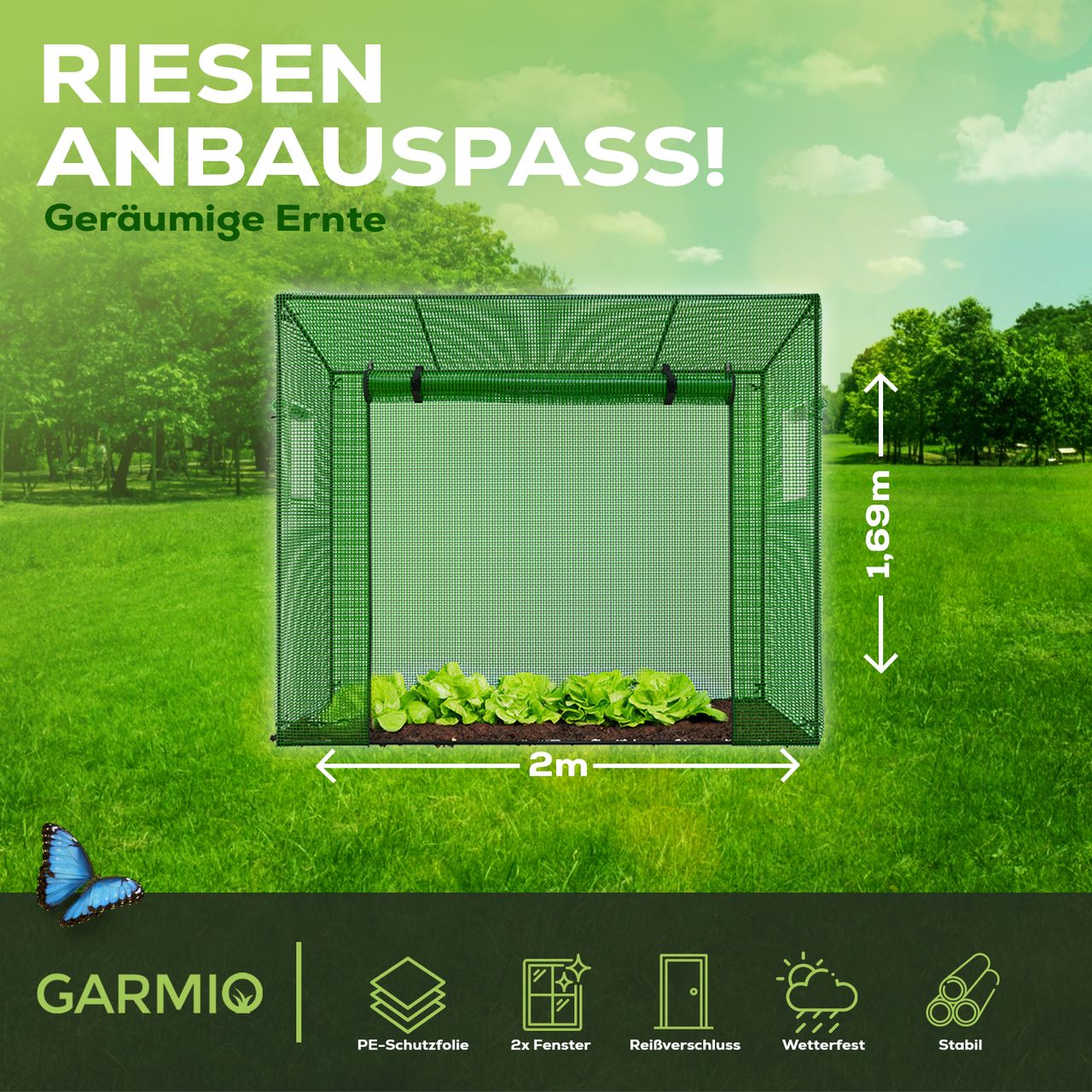 TroniTechnik GARMIO® Foliengewächshaus CUTRO, Tomatenzelt, winterfest, 2x0,77x1,69m, Frühbeet, Pflanzenhaus