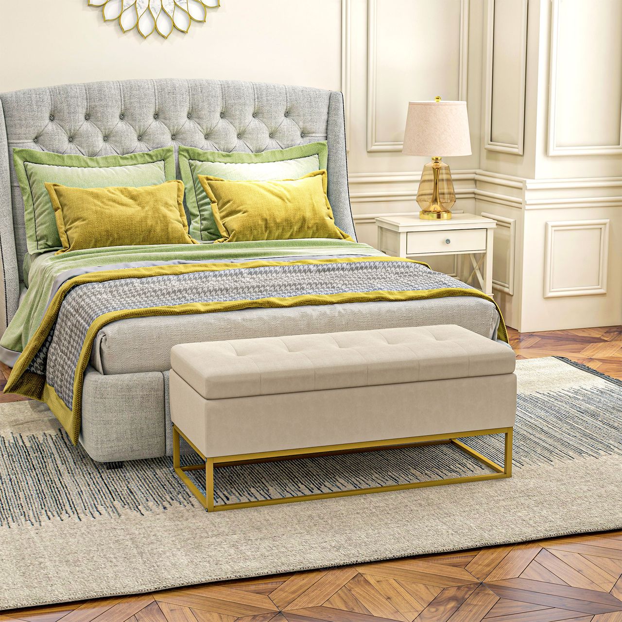 HOMCOM Sitzbank mit Stauraum, Polsterbank, Bettbank mit Samtoptik, Stahl, Beige