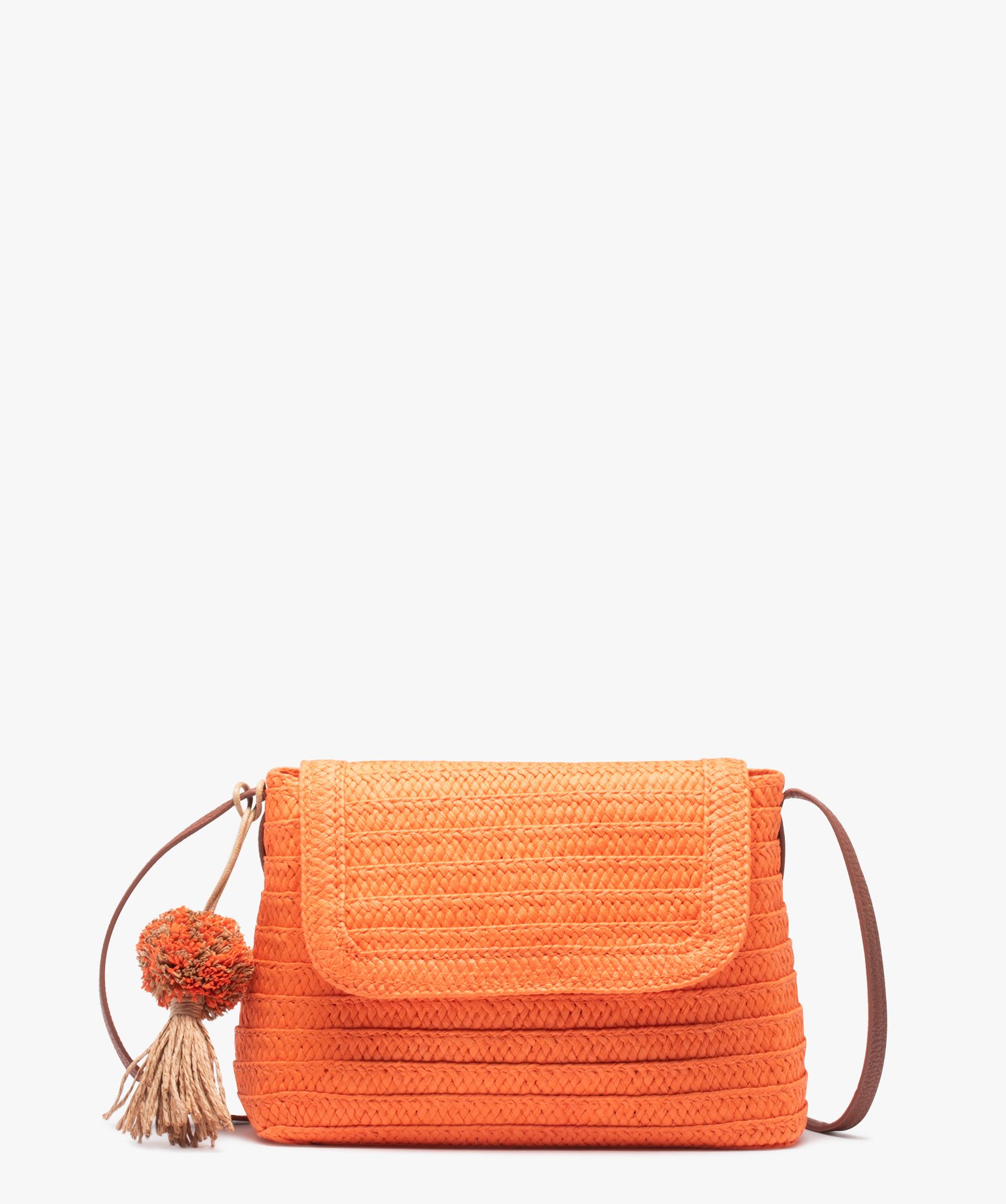 Sac besace femme en paille avec pompon orange | GEMO