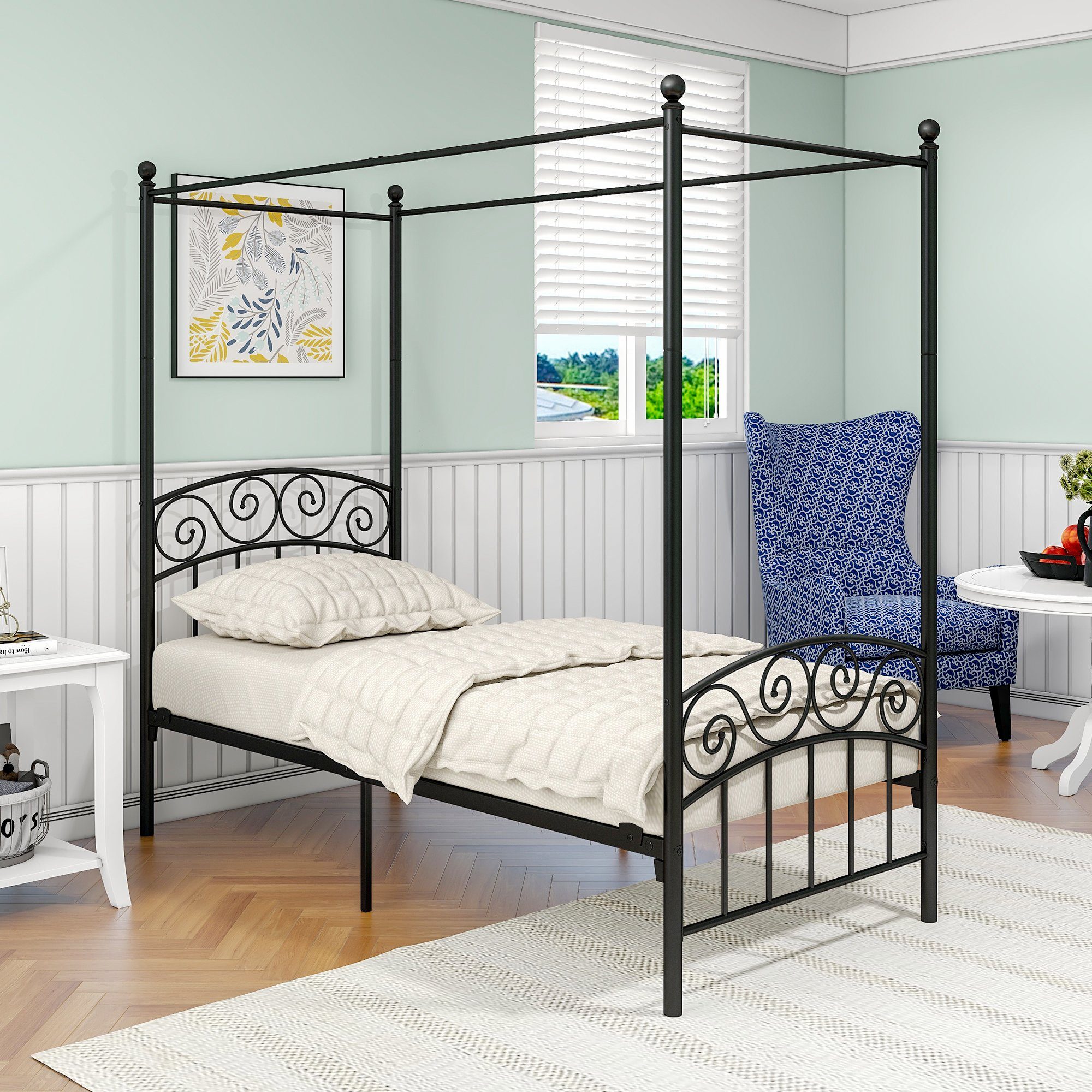 Gotagee Himmelbett Himmelbett Eisenbett Metallbett Bettgestell Schwarz 90x200 Einzelbett