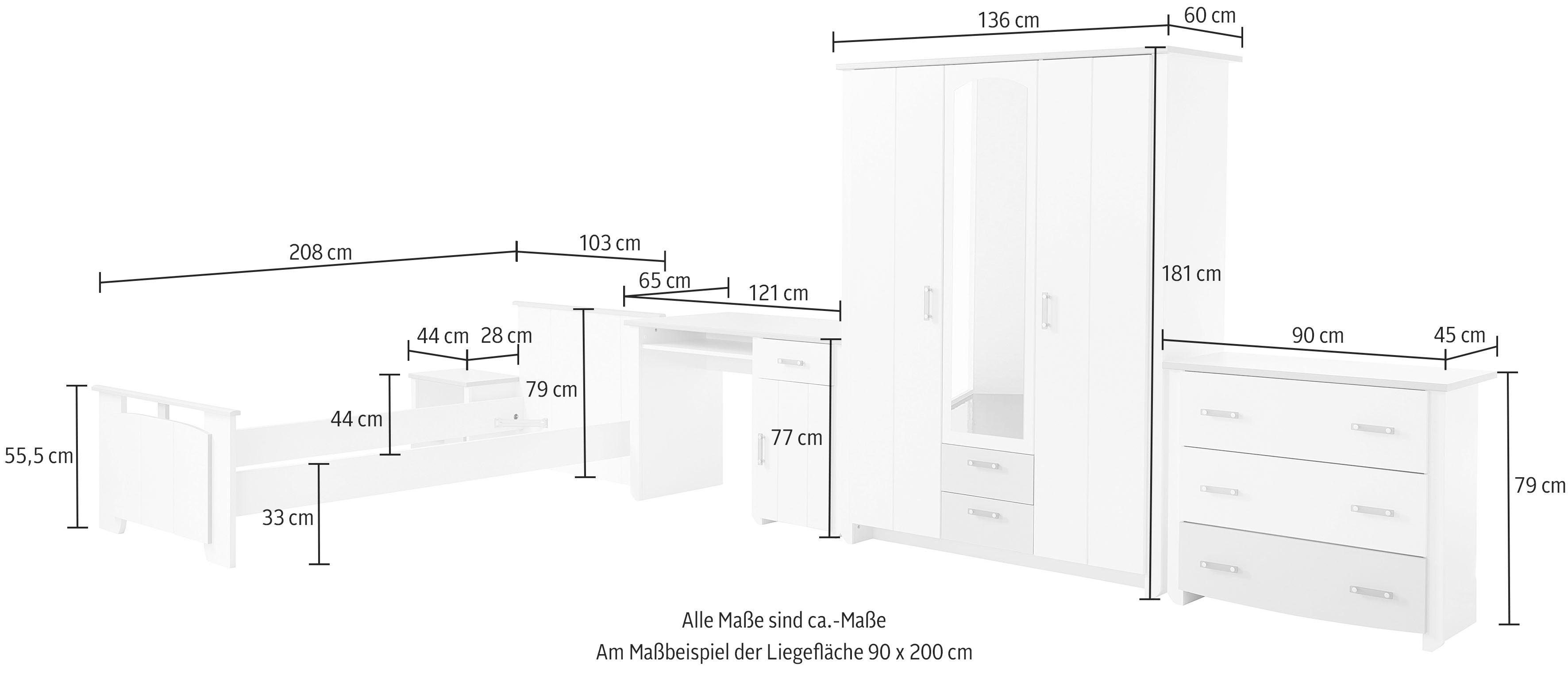 Parisot Jugendzimmer-Set Biotiful, (Set, 4-St., Bett, Nachttisch, Schrank, Kommode, Schreibtisch), mit 3-trg. Kleiderschrank