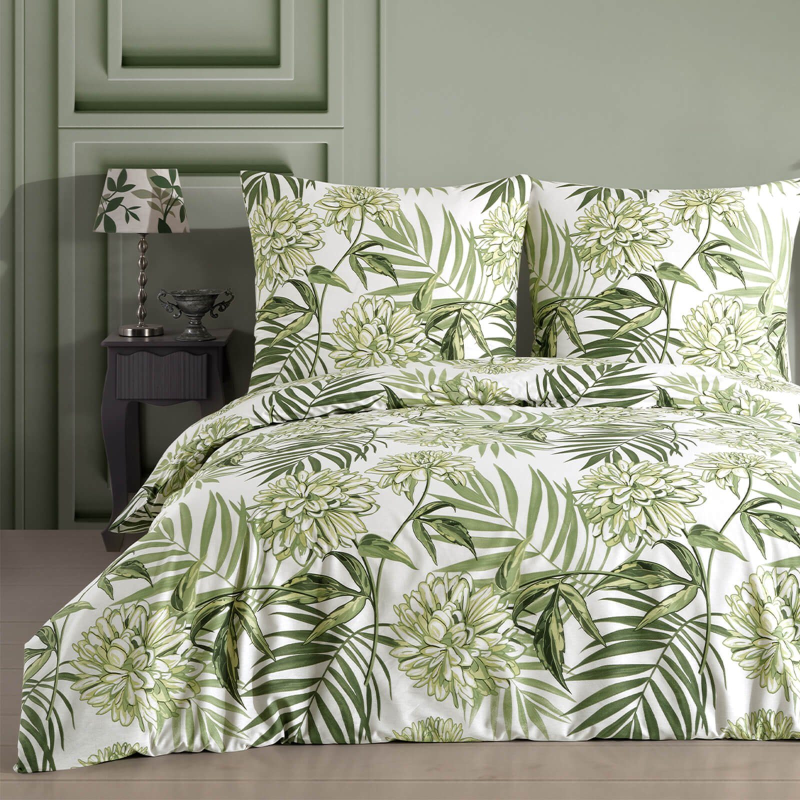 Bettwäsche, Buymax, Renforcé, 2 teilig, 100% Baumwolle Renforce 135x200 cm Kissenbezug 80x80cm mit Reißverschluss, Blumen, Eukalyptus, Grün