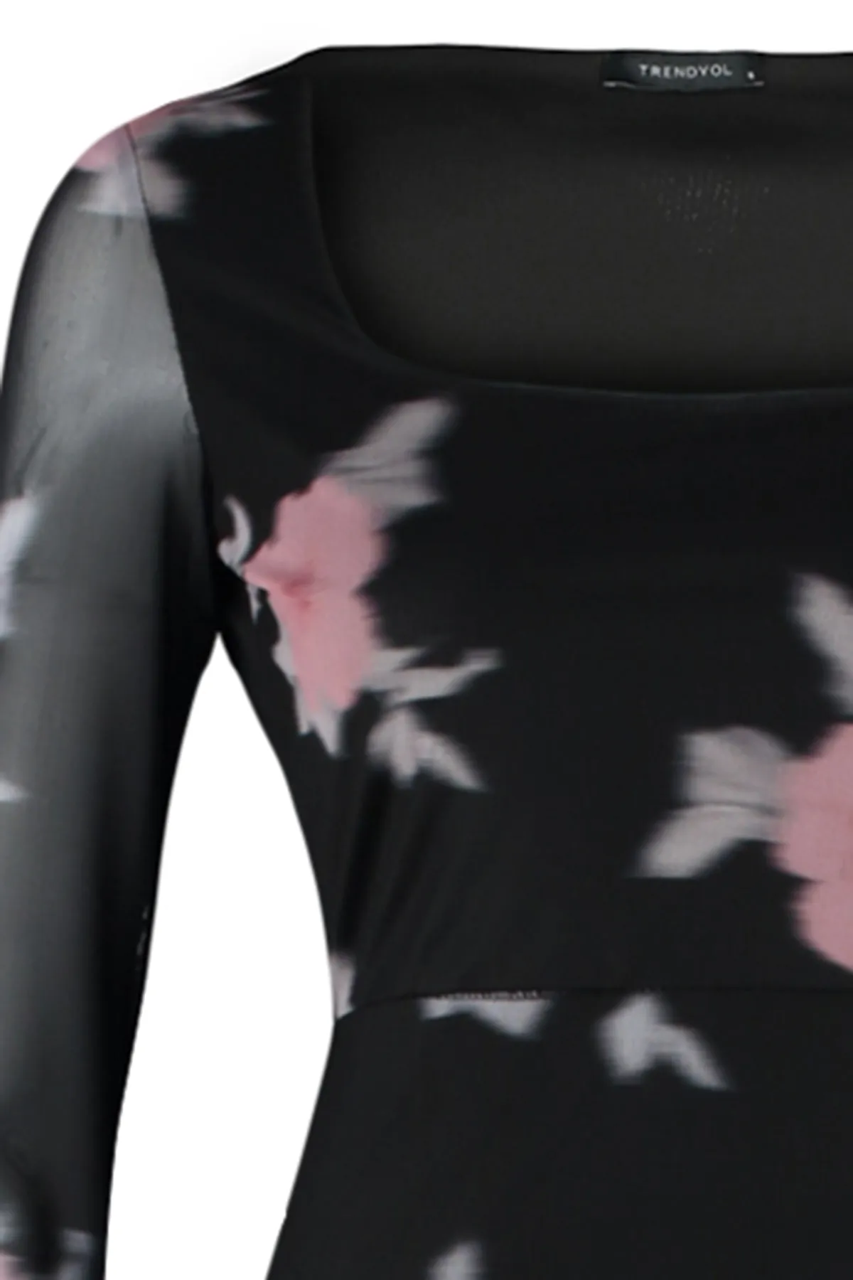 Trendyol Collection  Schwarzes, figurbetontes Maxi-Bleistiftkleid aus flexiblem Strick mit Blumenmuster und quadratischem Kragen aus TWOAW24EL00291
