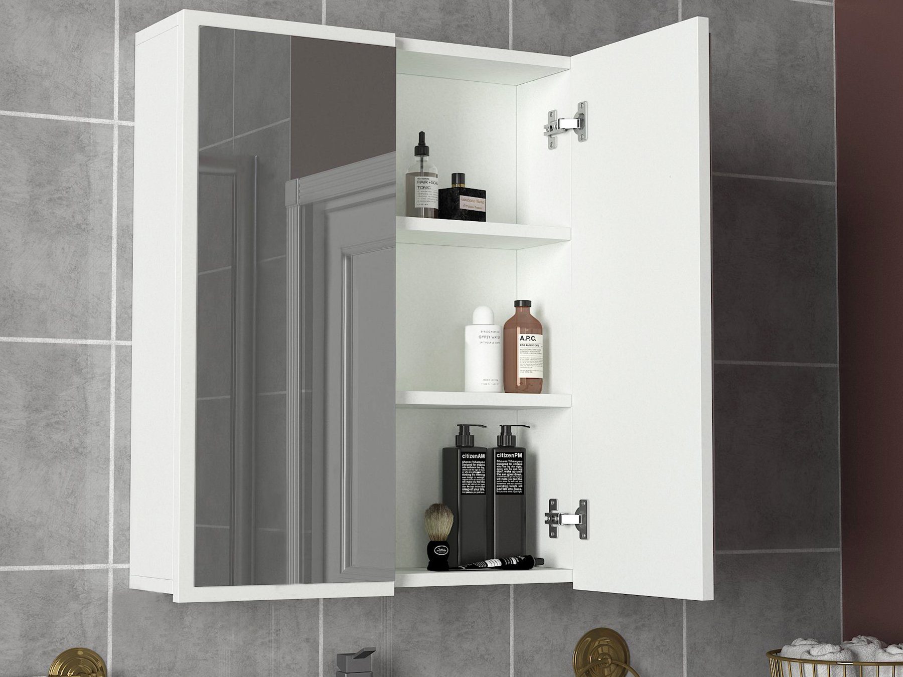 moebel17 Barschrank Badschrank Hängeschrank mit Spiegel Kayla Weiß