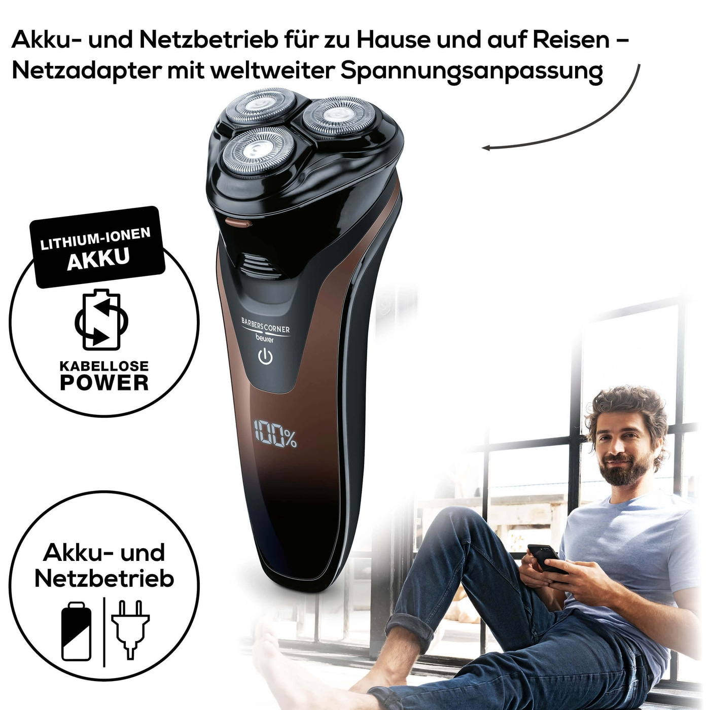 Beurer HR 8000 Rotationsrasierer-Rotationrasierer mit Präzisionsschneidesystem, 2-in-1 Bart & Kotelettenstyler