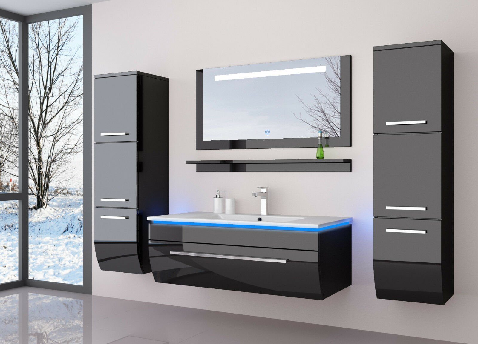 Homeline Badmöbel-Set Danny, (Badmöbel Set Ganz in Hochglanz Schwarz Badezimmermöbel Badmöbel Komplett Bad 70 cm Vormontiert 6 teilig., 6-St., 6-Teilig), Hochglanz Lackiert - Led Touch System-fertig Montiert