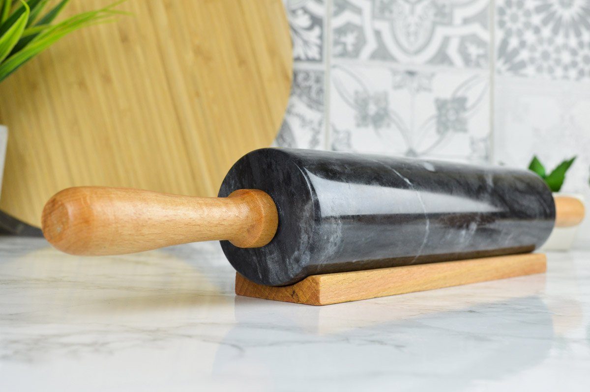 Sendez Teigroller Teigroller aus Marmor mit Ständer 46x6cm Teigrolle Ausroller Nudelrolle 2kg