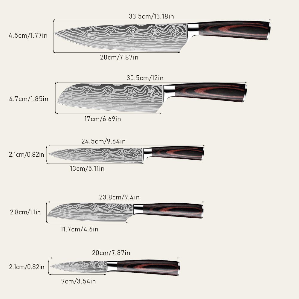 MDHAND Messer-Set Professionelles Küchenmesser (Set, 5-tlg), 7CR17 Edelstahl - Rostfrei