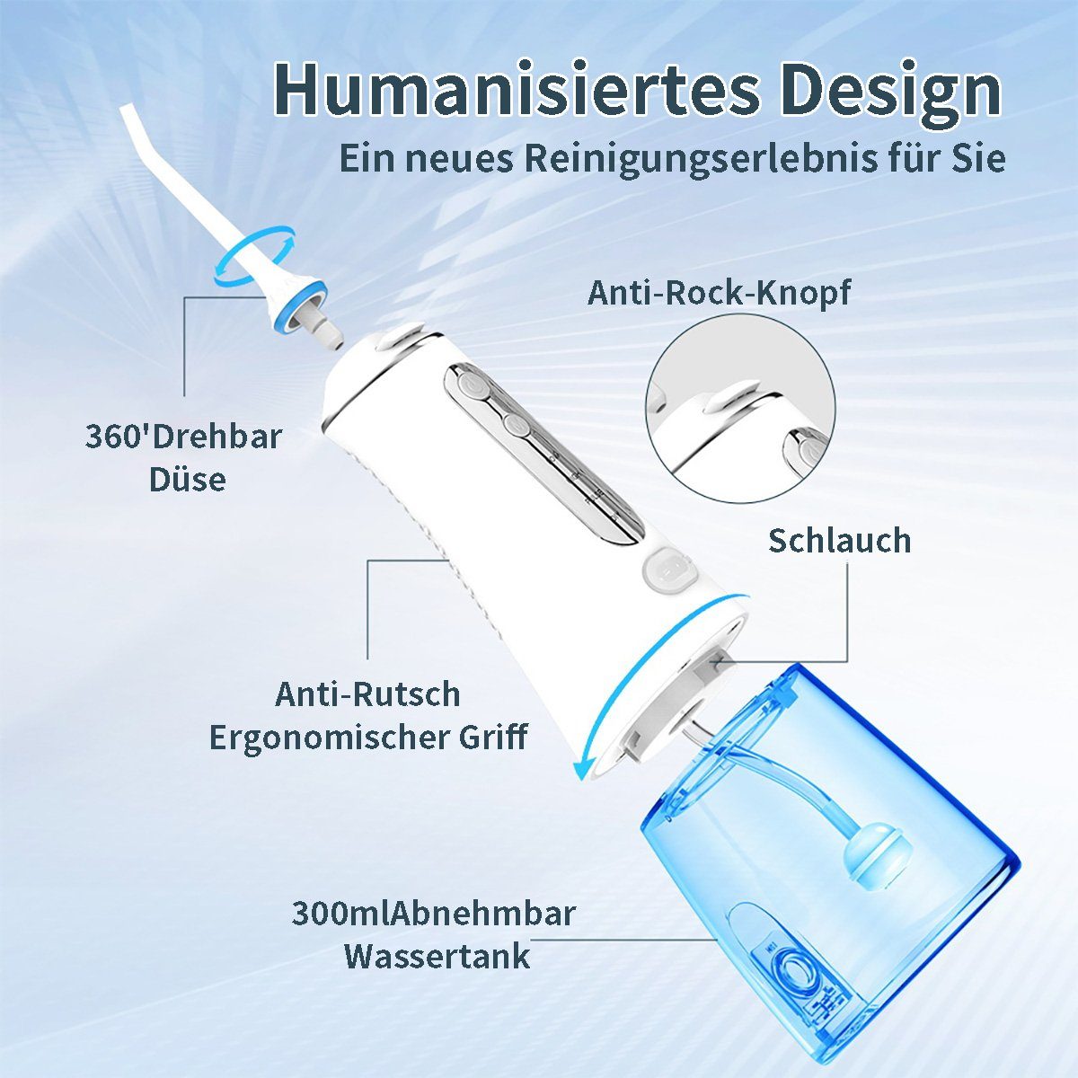 flowgoer Reise-Munddusche Elektrische Munddusche, 4 Modi, IPX7-zertifiziert, Tiefenreinigung, Inklusive 6 Düsen, gründliche Reinigung und Zahnsteinentfernung