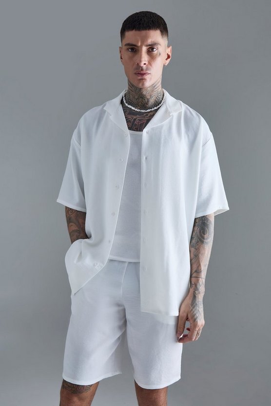 Tall kurzärmliges Leinen-Hemd & Shorts in Weiß