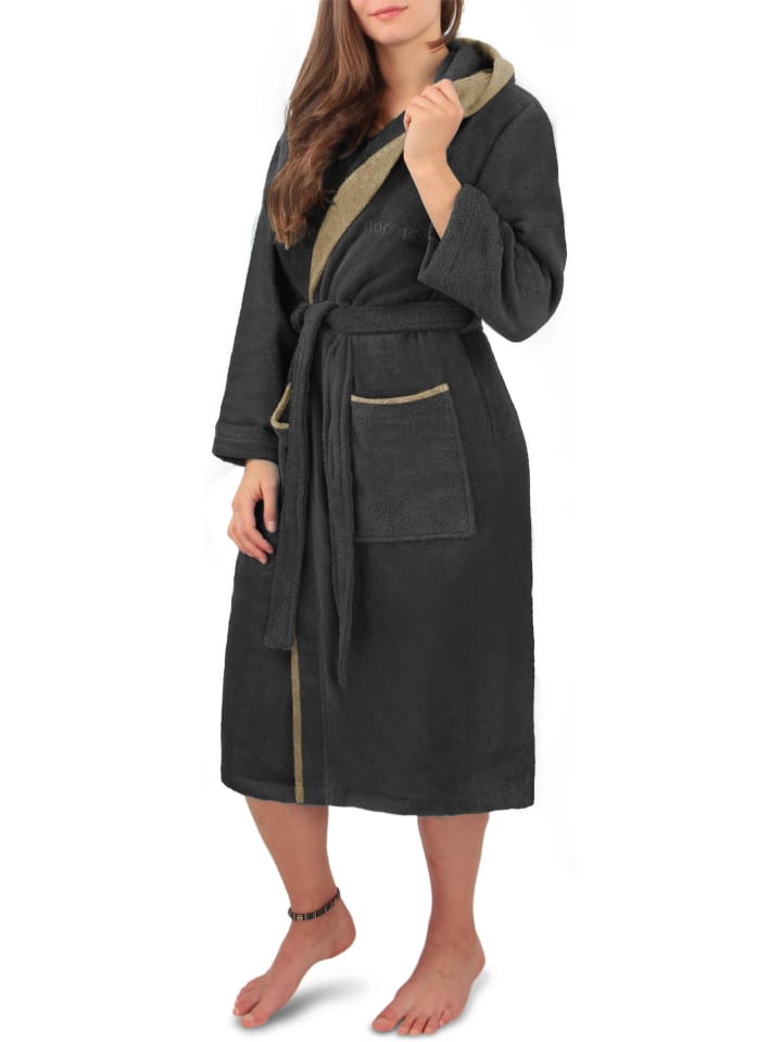normani Unisex Baumwoll-Bademantel Rob in Schwarz/Beige günstig kaufen
