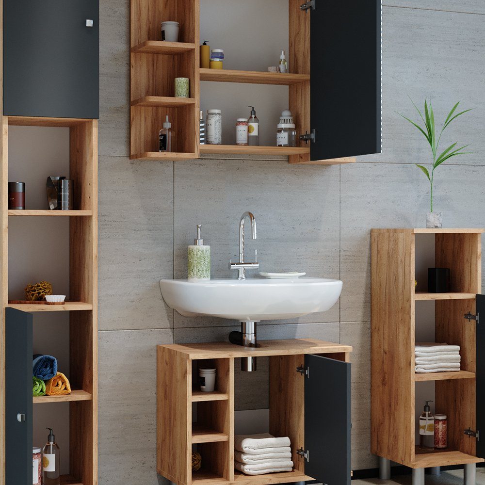 Vicco Badmöbel-Set Badezimmerset FYNN Eiche / Anthrazit Set 4, (Badezimmerset, 4-St., 4-er Set)