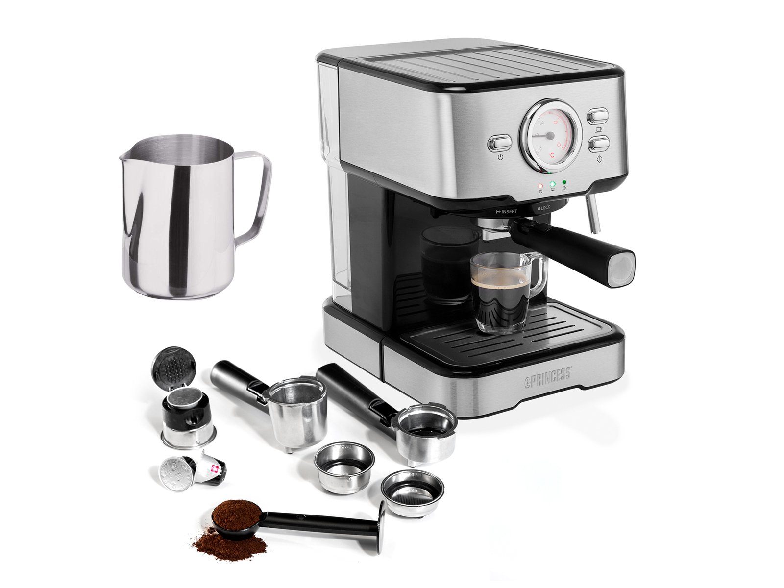 PRINCESS Siebträgermaschine, italienische Siebdruck Kaffee & Espresso-Maschine mit Milchaufschäumer