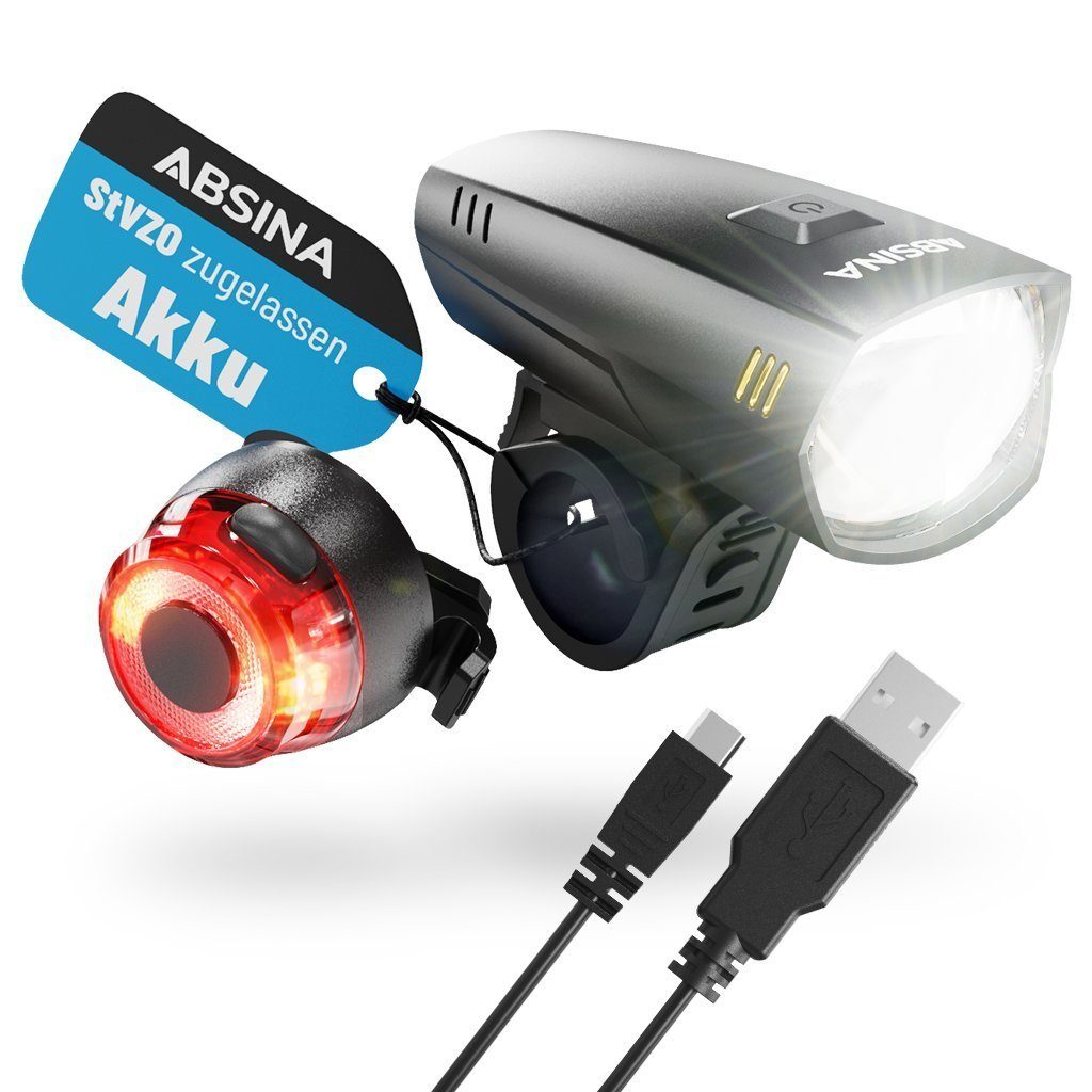 ABSINA Fahrradbeleuchtung LED Fahrradlicht Set Akku abnehmbar - StVZO Fahrrad Licht regenfest