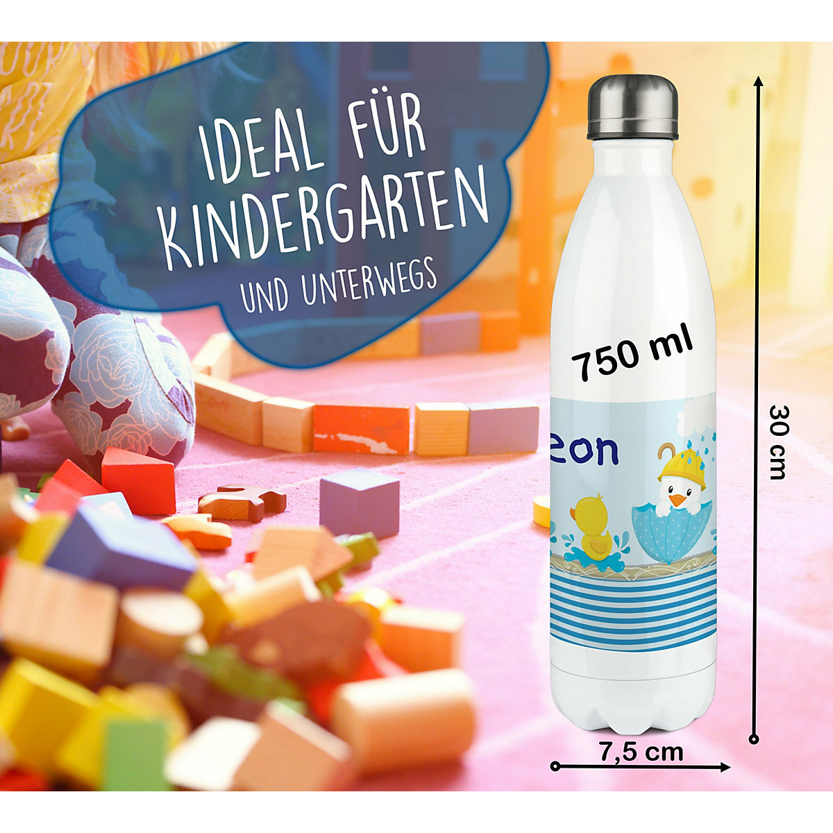 Edelstahl Kinder Thermoflasche / Trinkflasche bunt Ente Spülmaschinenfest, Auslaufsicher, Bruchfest, Doppelwandig, Für Heißgetränke geeignet, Mit Deckel, Isoliert