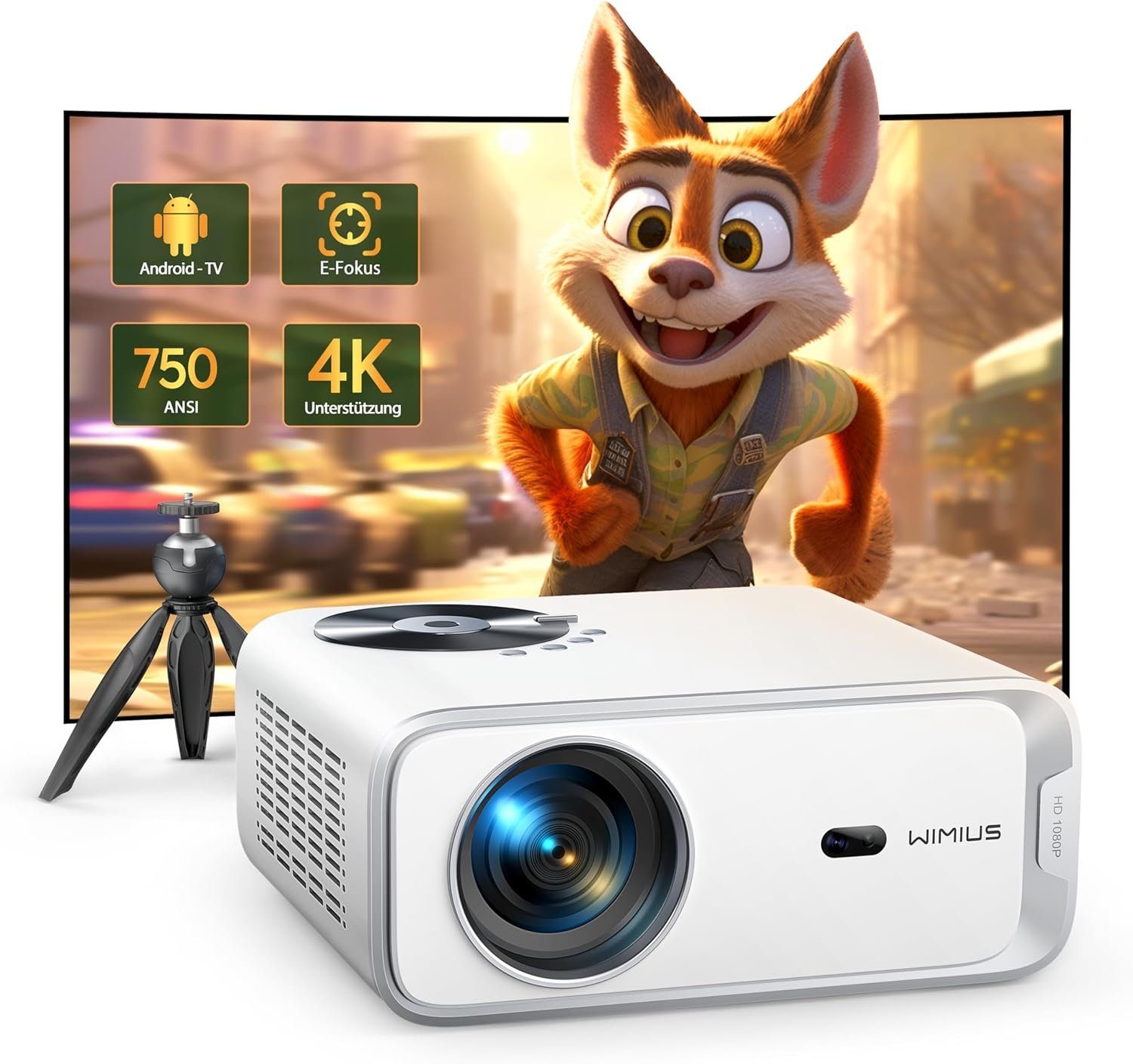 WiMiUS Andriod TV Elektrischer Fokus Nativ 1080P WiFi6 Bluetooth Beamer (1920 x 1080 px, 4K-Unterstützung 750ANSI Video Beamer Heimkino mit Stativ/Automatische)