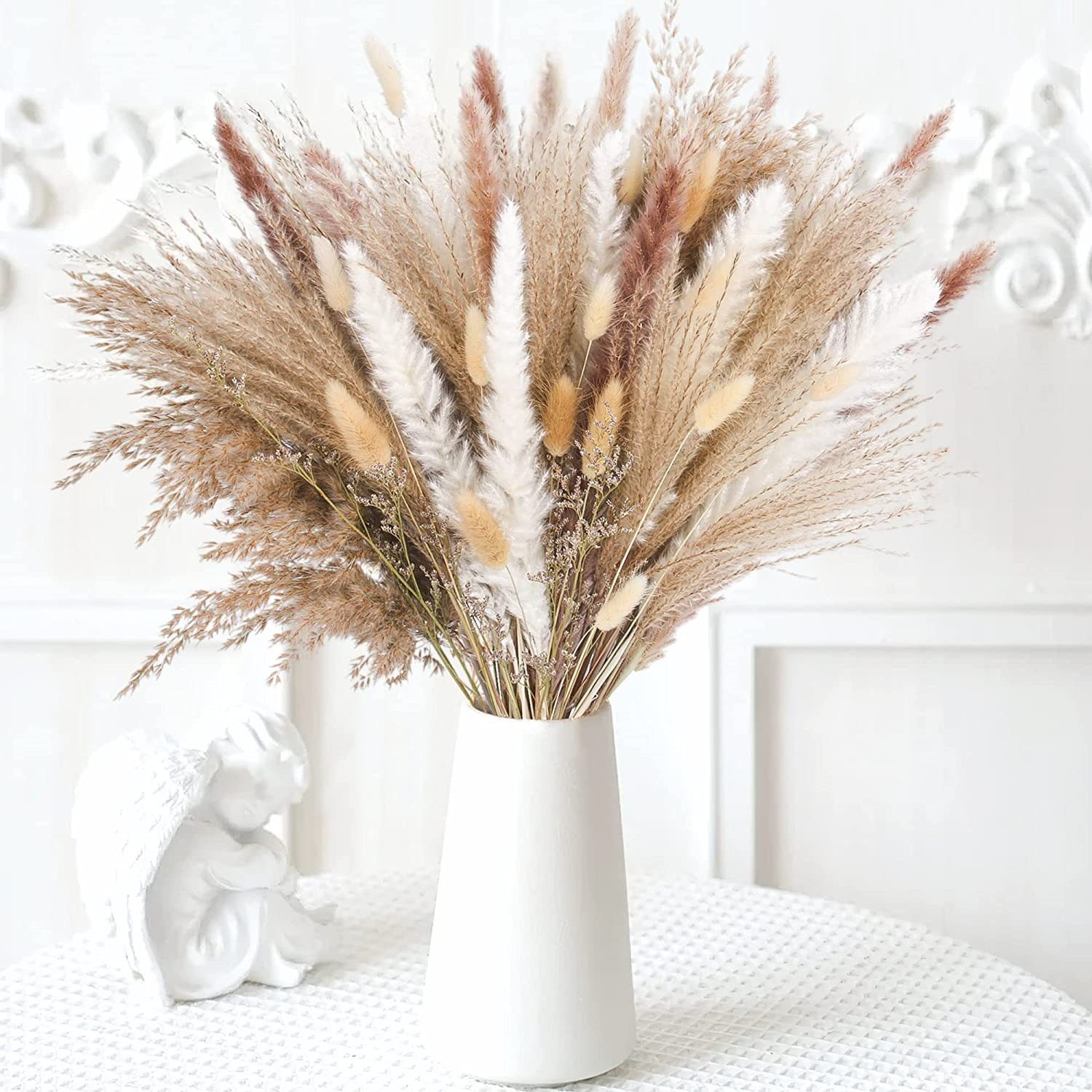 Trockenblume Kleiner getrockneter Blumenstrauß aus Schilfrohr Blume verquirlen, Pampasgras, Schilf, Hasenschwanz, Trockenblumenbouquet, Blusmart, Höhe 45 cm, Literarisches Retro-Schilf-Wohnzimmerdekorations-Blumenarrangement