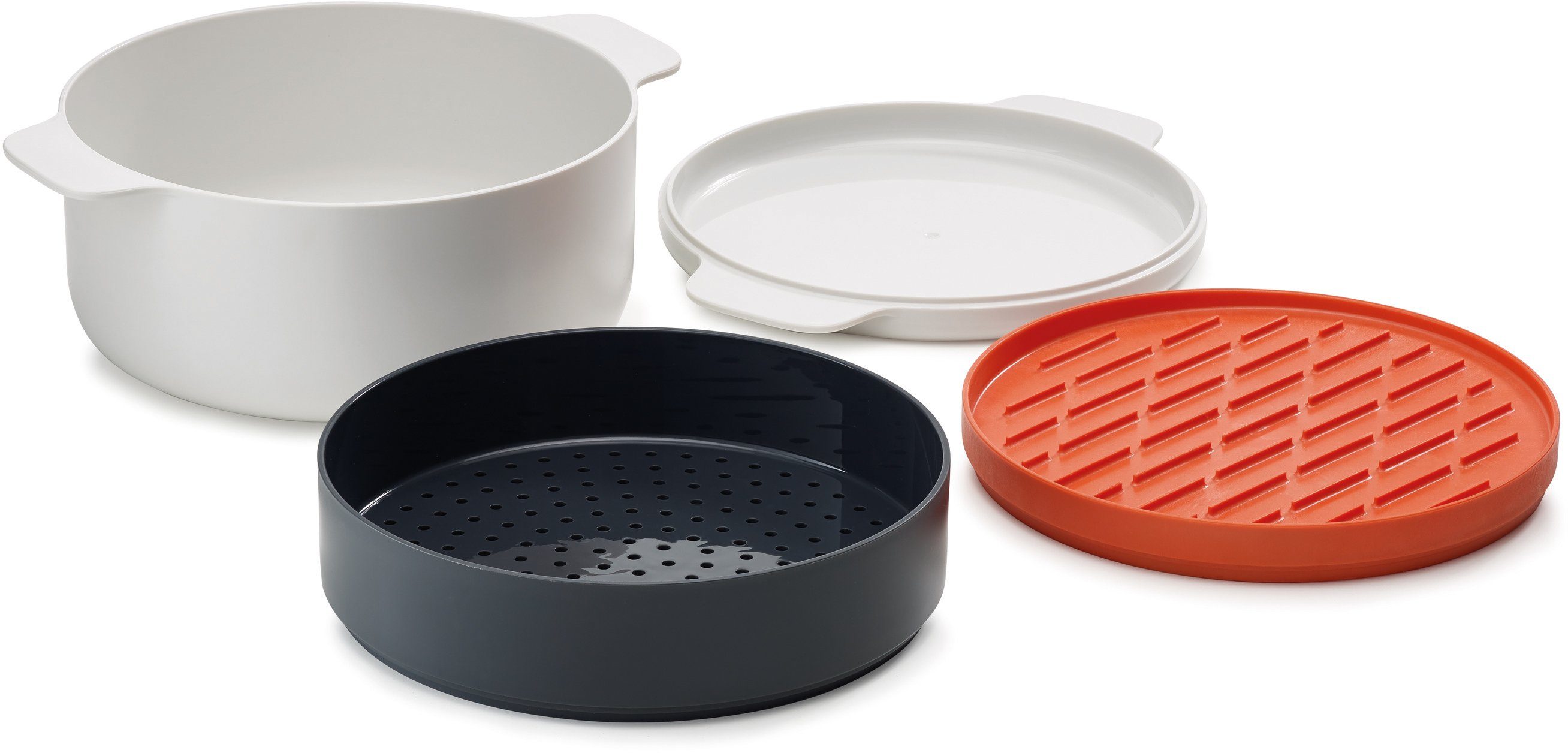 Joseph Joseph Mikrowellenbehälter M-Cuisine, Polyprophylen (PP), (Set, 3-tlg), 2-Liter Kochtopf, Dampfgarer, Grillpfanne und Deckel