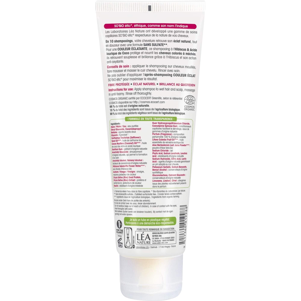 LÉA NATURE SO BiO étic Shampooing cheveux colorés ou  méchés, Hibiscus bio & Acide laurique de Coco Shampooing
