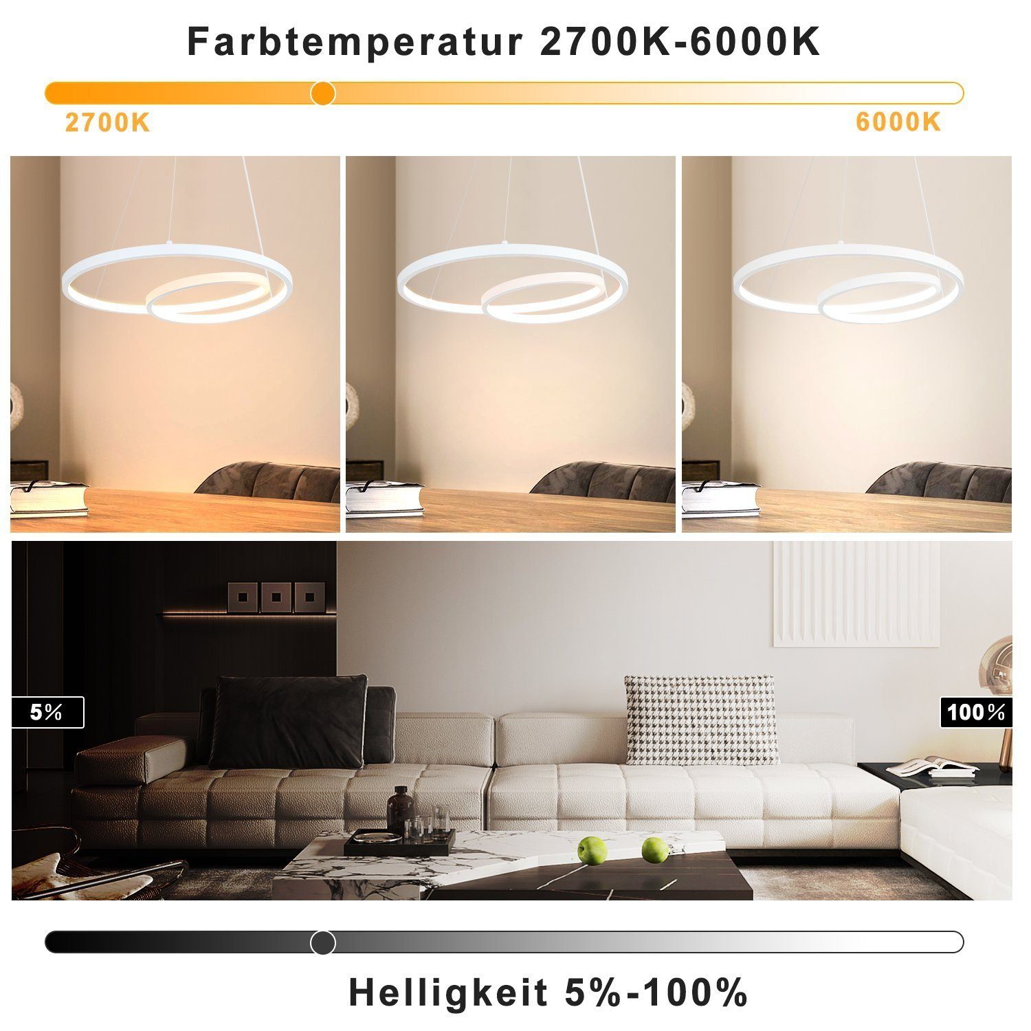 Nettlife Hängeleuchten Weiß Dimmbar mit Fernbedienung LED Hängelampe 150cm, Speicherfunktion, LED fest integriert, Warmweiß, Neutralweiß, Kaltweiß, für Wohnzimmer Schlafzimmer Küche, 34W