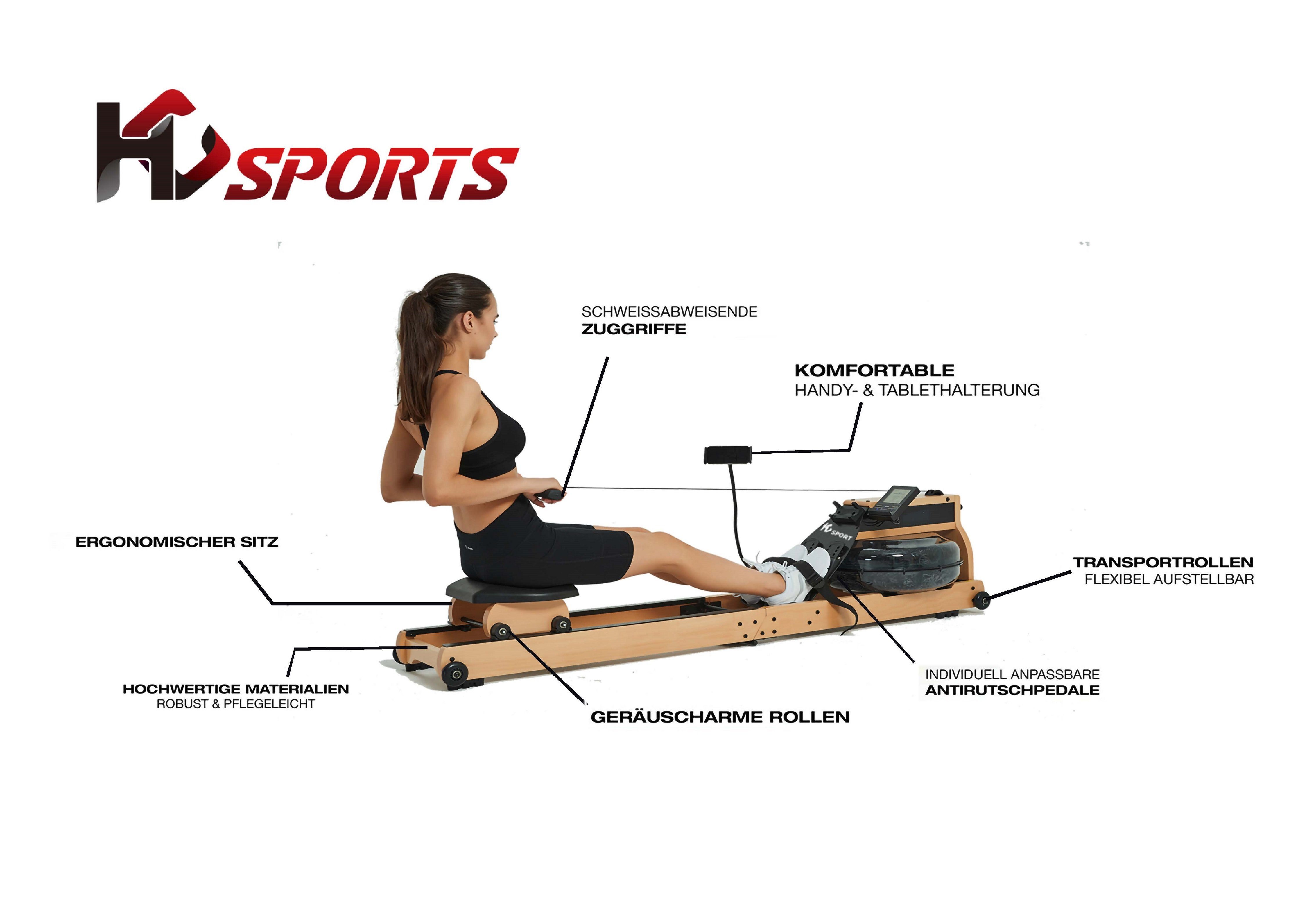 HC Sports Rudergerät Wasser-Rudergerät Buche klappbar (Paket), extra großer Wassertank, platzsparend faltbar, APP-Unterstützung