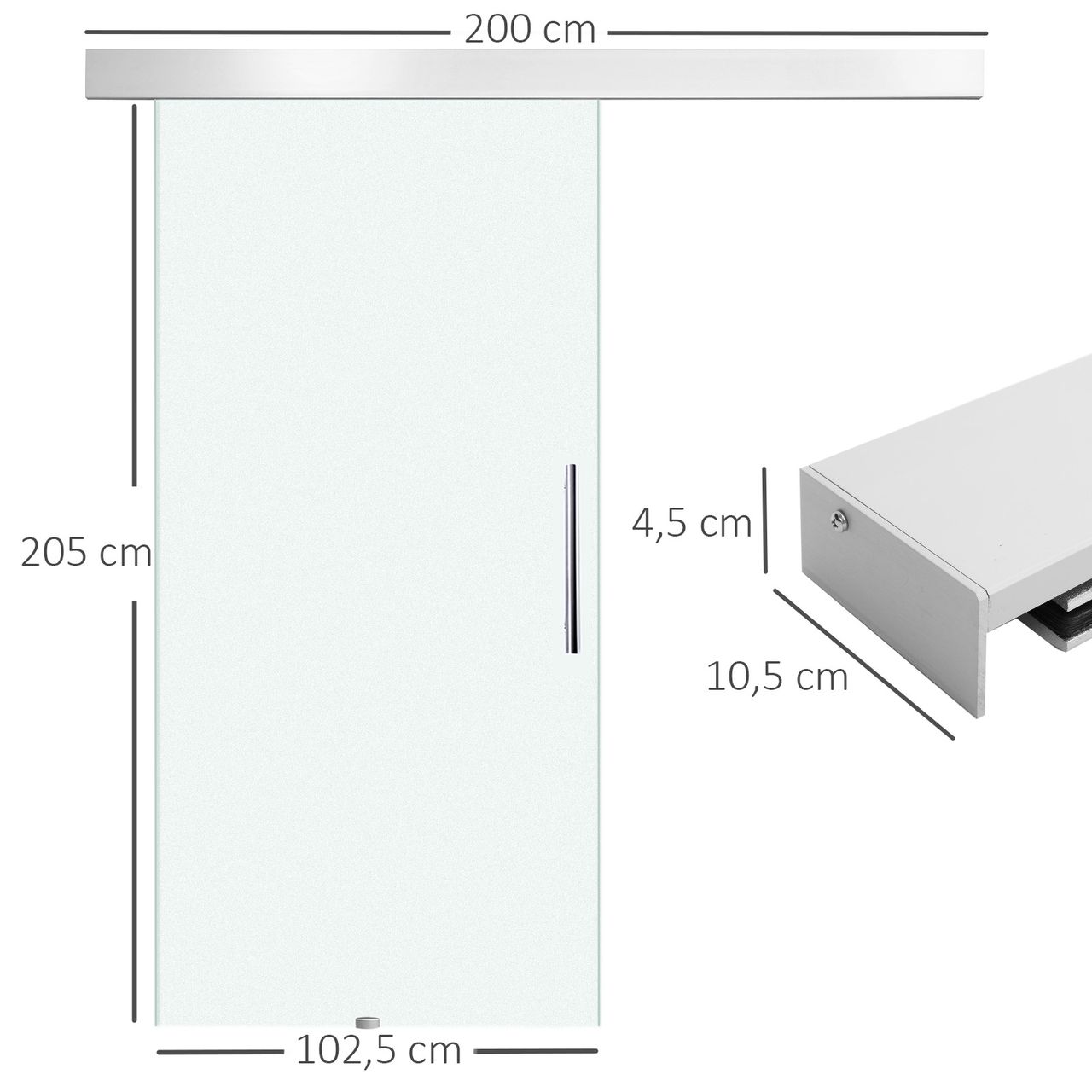 HOMCOM Glasschiebetür Schiebetür Tür Zimmertür mit Griffstange einseitig satiniert 2050x 1025 mm