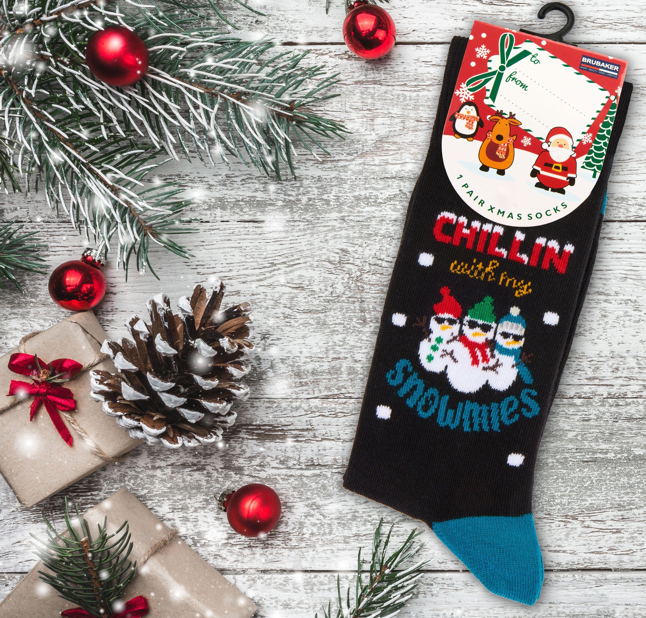 BRUBAKER Socken Weihnachtssocken für Damen und Herren - Chillin with my Snowmies (Baumwolle, 1-Paar, Unisex) Lustige Schneemann Squad Herren- und Damensocken