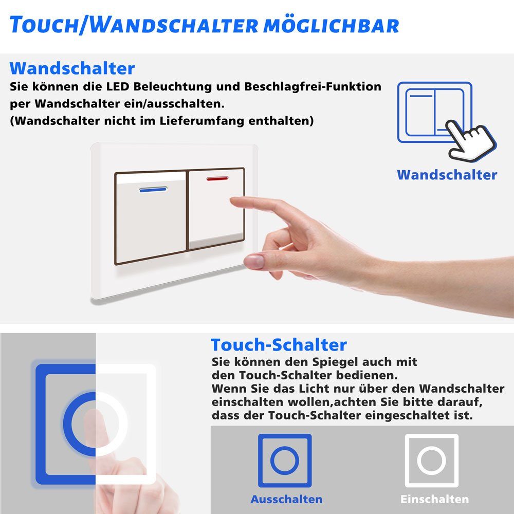 duschspa Badezimmerspiegelschrank 45-80 cm Touch/Wandschalter,Beschlagfrei, drei Lichtfarbe, Aluminum Rasierersteckdose, dimmbar, Memory