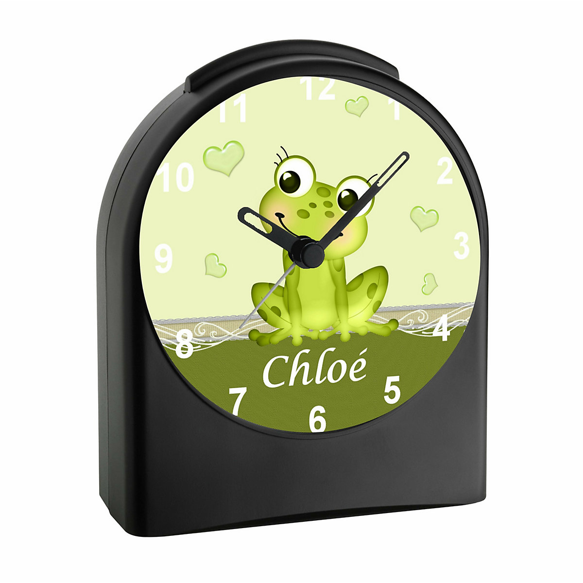 Kinder Funkwecker personalisiert mit Namen Frosch Atom-/Funkuhr, 12-Stunden-Anzeigeformat, Schlummerfunktion, Nachtlicht, Geräuschlos/Ohne Ticken