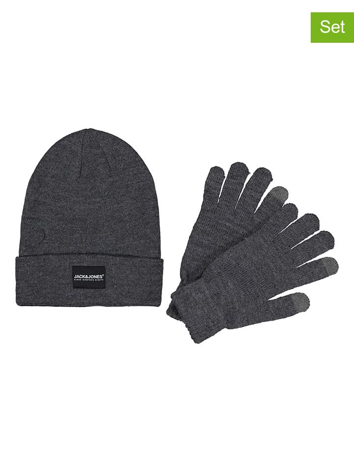 Jack & Jones 2tlg. Set: Beanie und Handschuhe in Grau günstig kaufen onesize