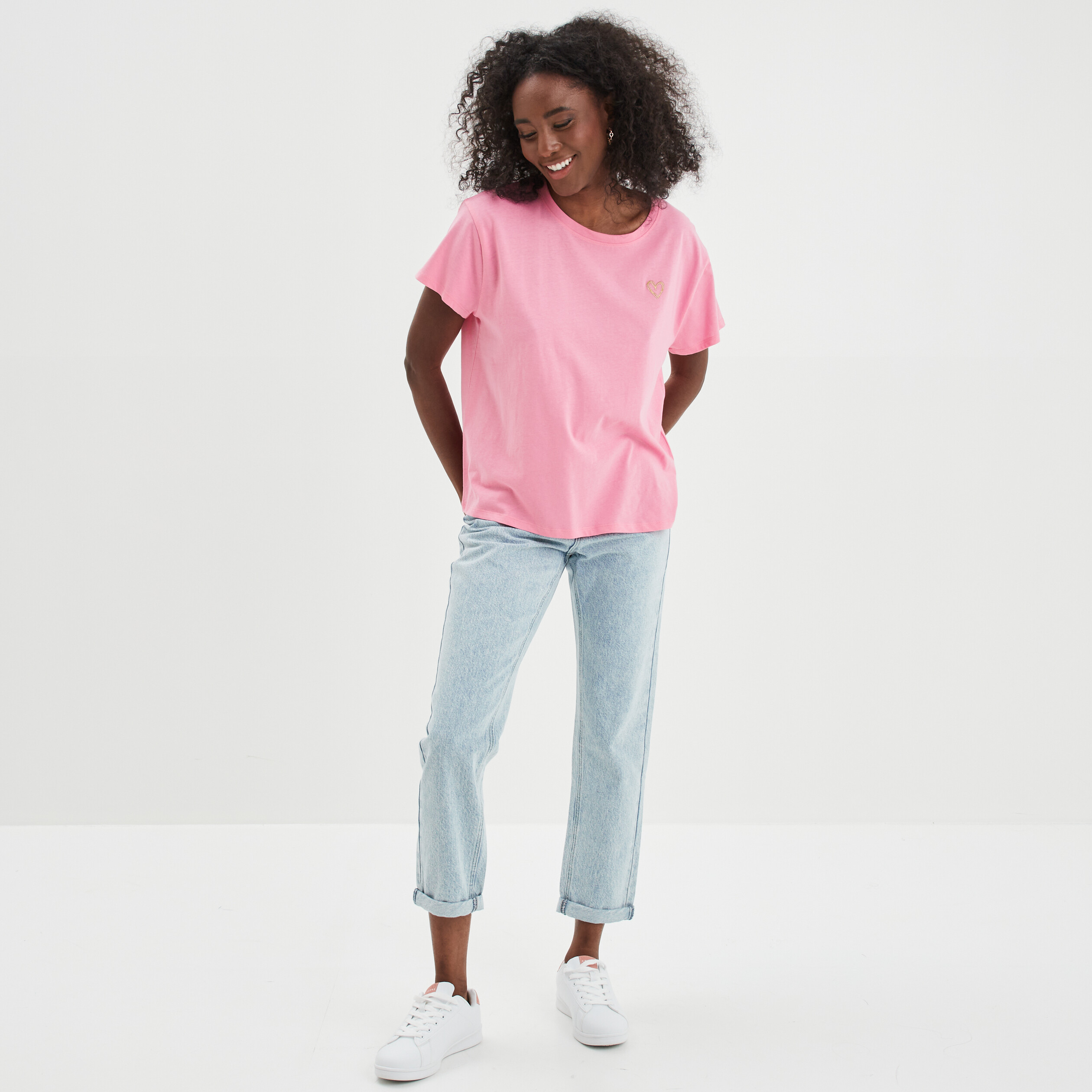 T-shirt oversize broderie devant coton rose femme | La Halle