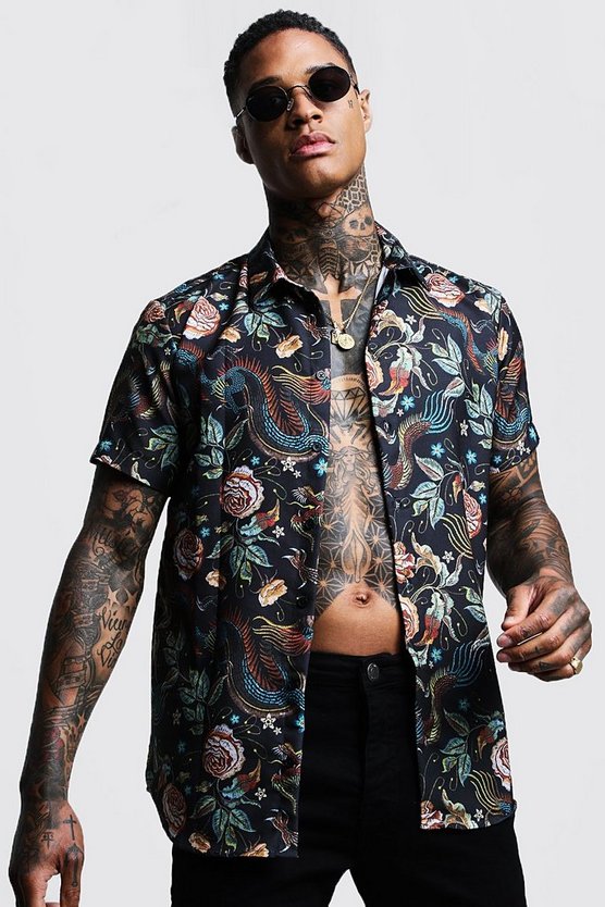 Kurzärmliges Hemd mit Drachen-Print