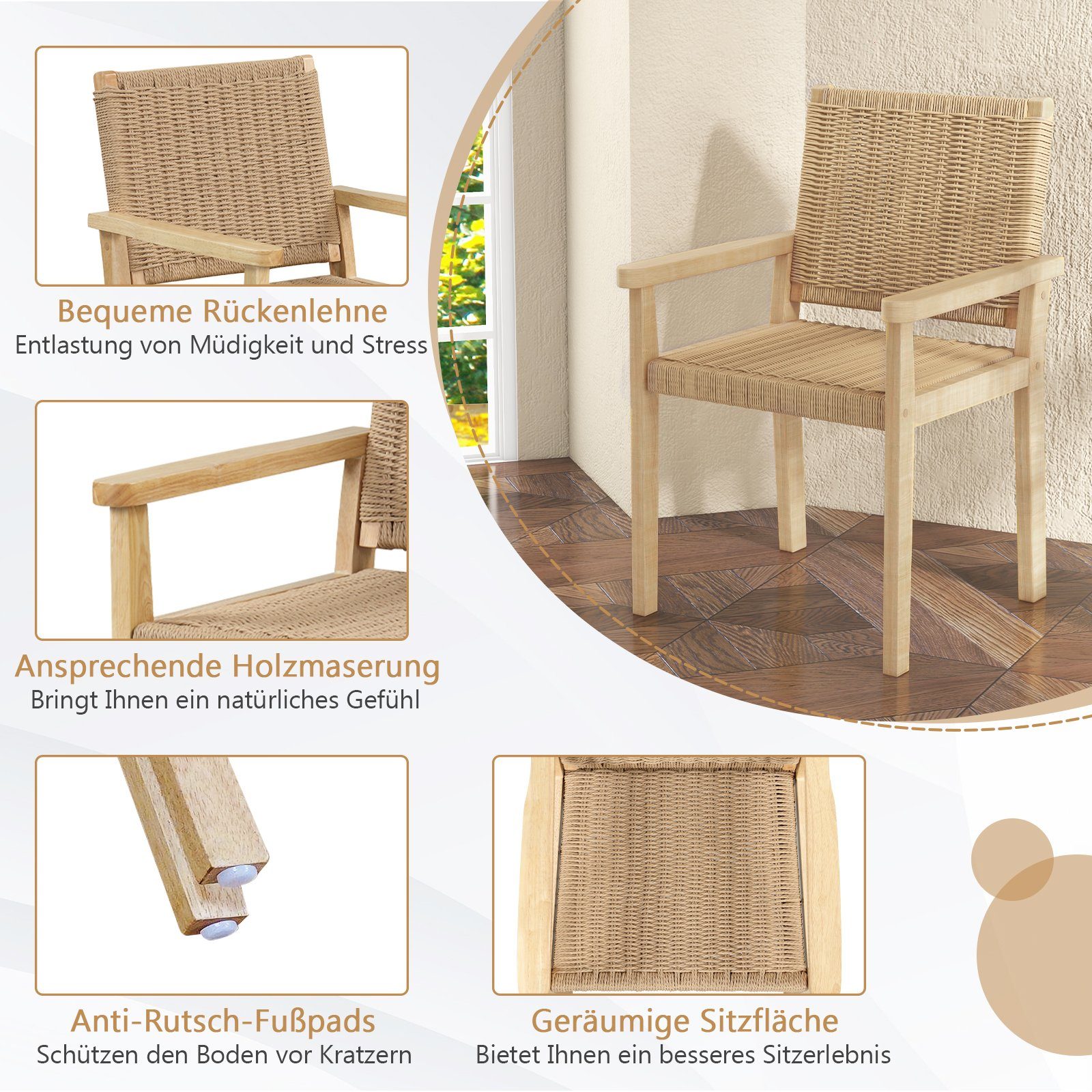 COSTWAY Gartenstuhl, Esszimmerstühle, 2er Set, mit Lehne, Holz, 180kg
