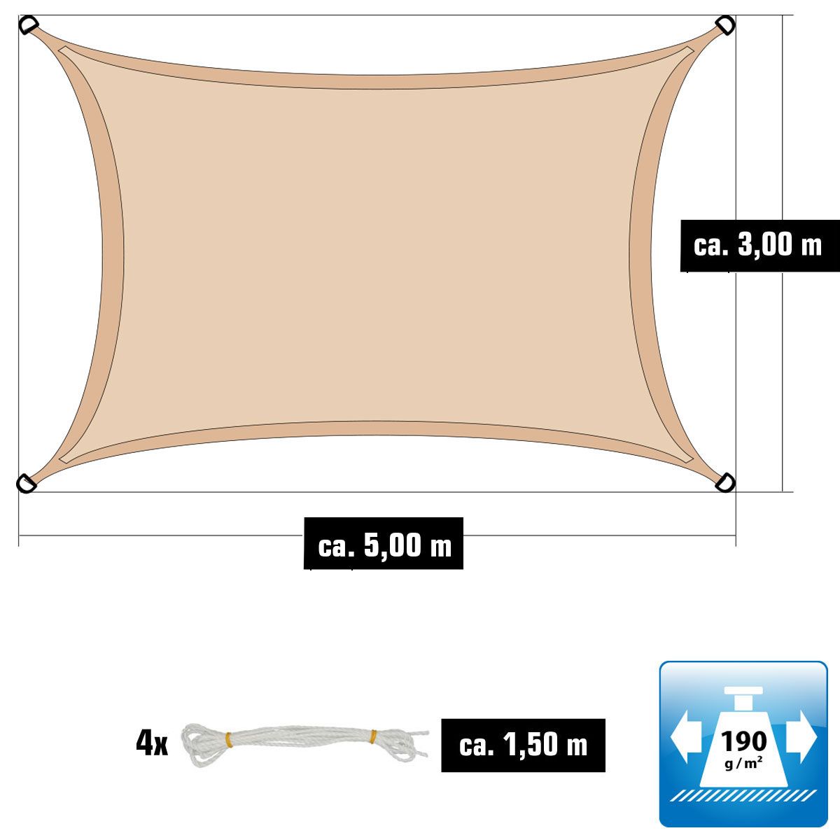 AMANKA 3x5 Wasserdichtes Beige Sonnensegel mit Befestigung